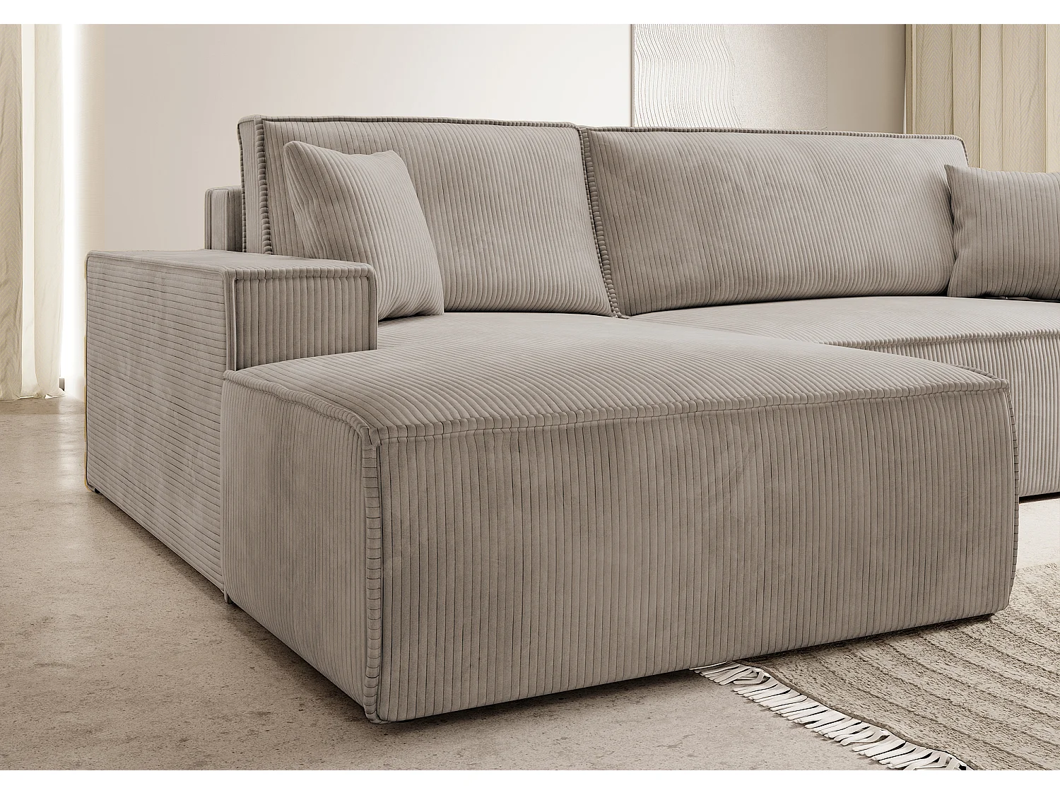 Ecksofa mit Schlaffunktion und Bettkasten - 267 cm - Ottomane links - Cordbezug in Beige - FARESE NEW