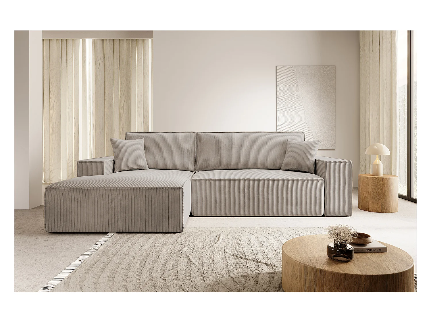 Canapé d'angle NEW - 267 cm - en L avec coffre de rangement velours côtelé beige côté gauche - FARESE NEW