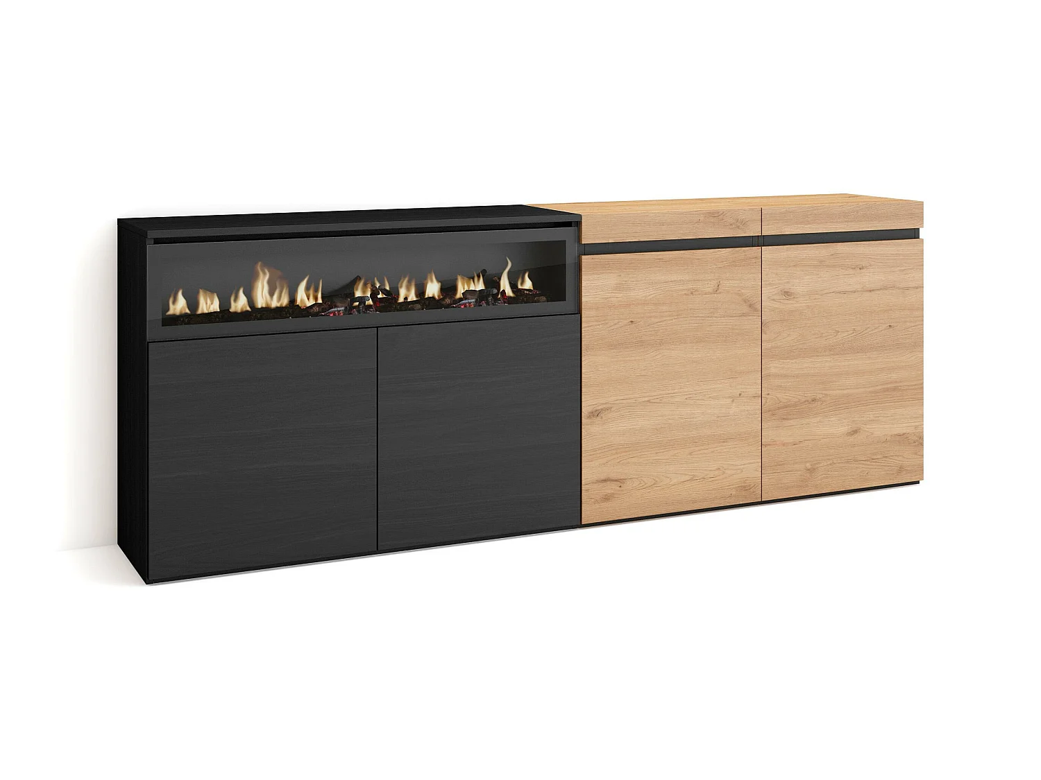 Buffet salon et cuisine, 200x75x35cm, 4 Portes, Cheminée électrique, Chêne et noir