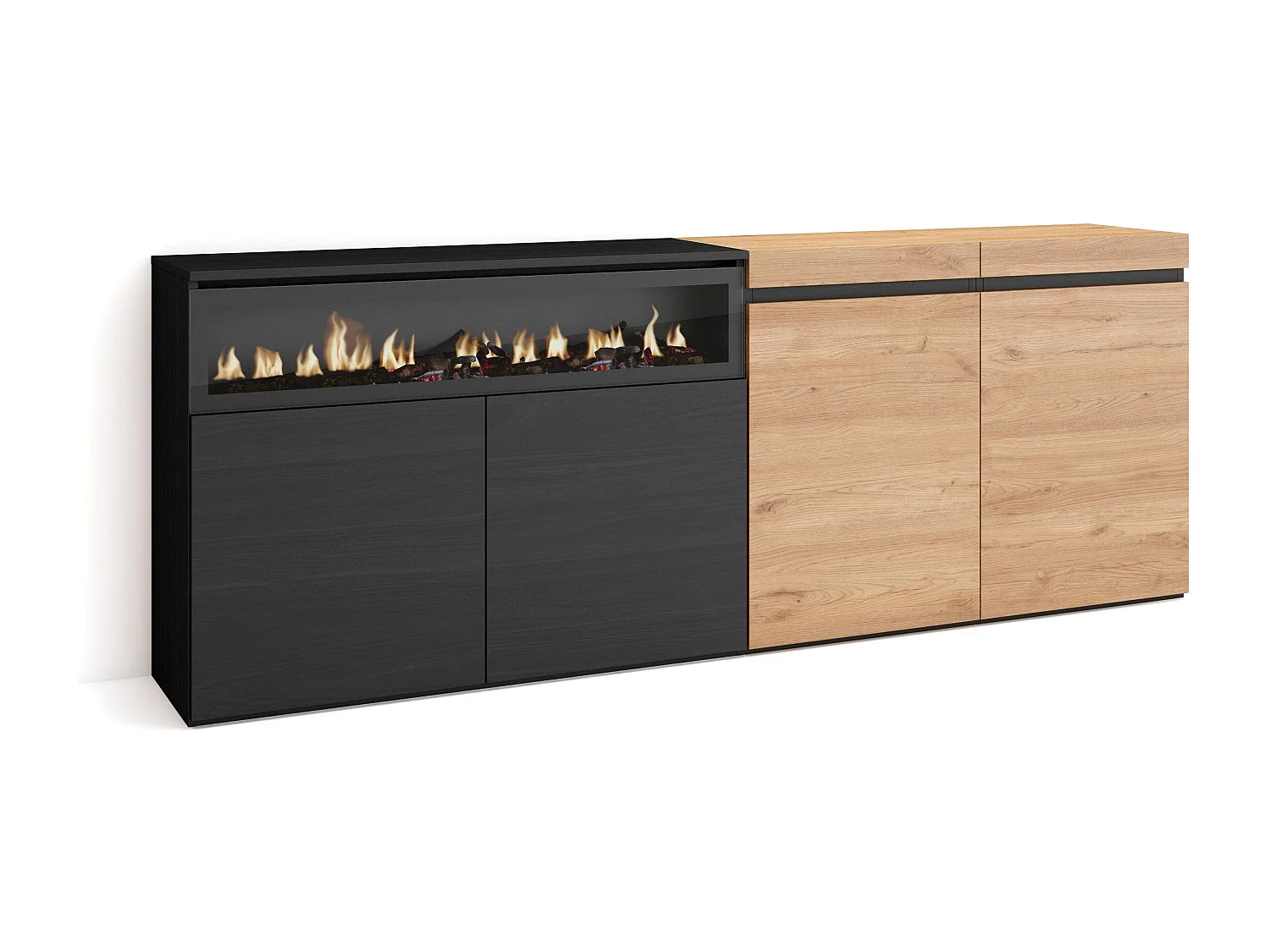 Buffet salon et cuisine, 200x75x35cm, 4 Portes, Cheminée électrique, Chêne et noir