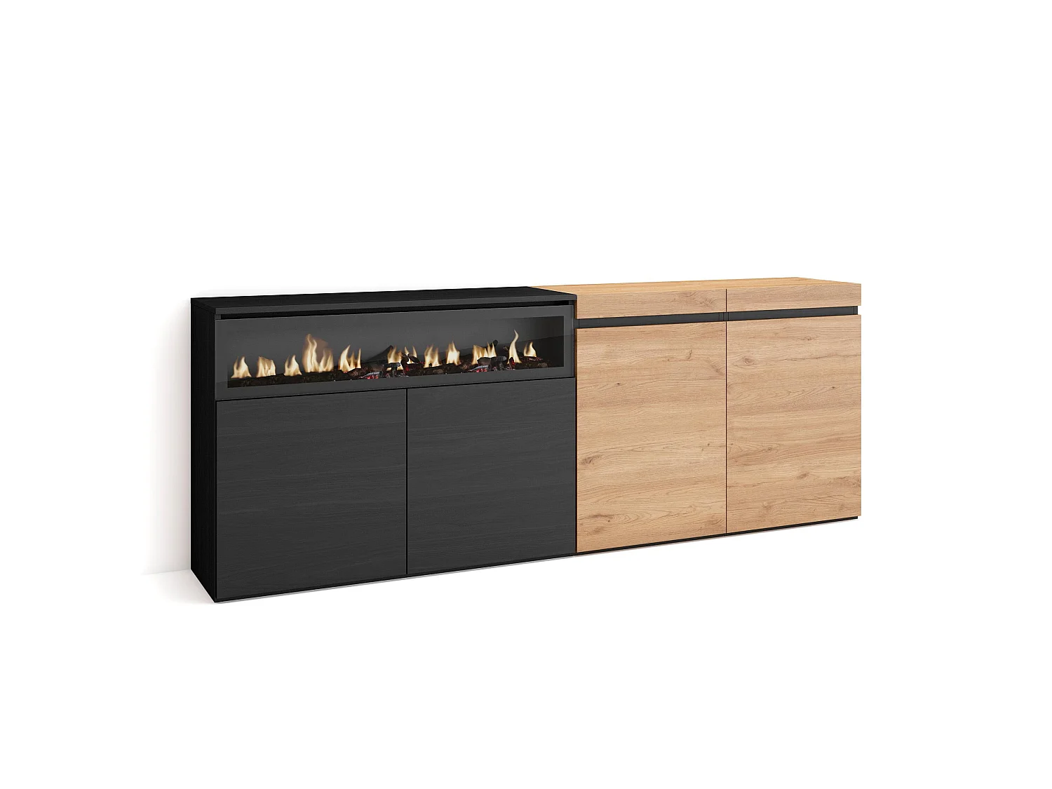 Buffet salon et cuisine, 200x35x75cm, 4 Portes, Cheminée électrique, Chêne et noir