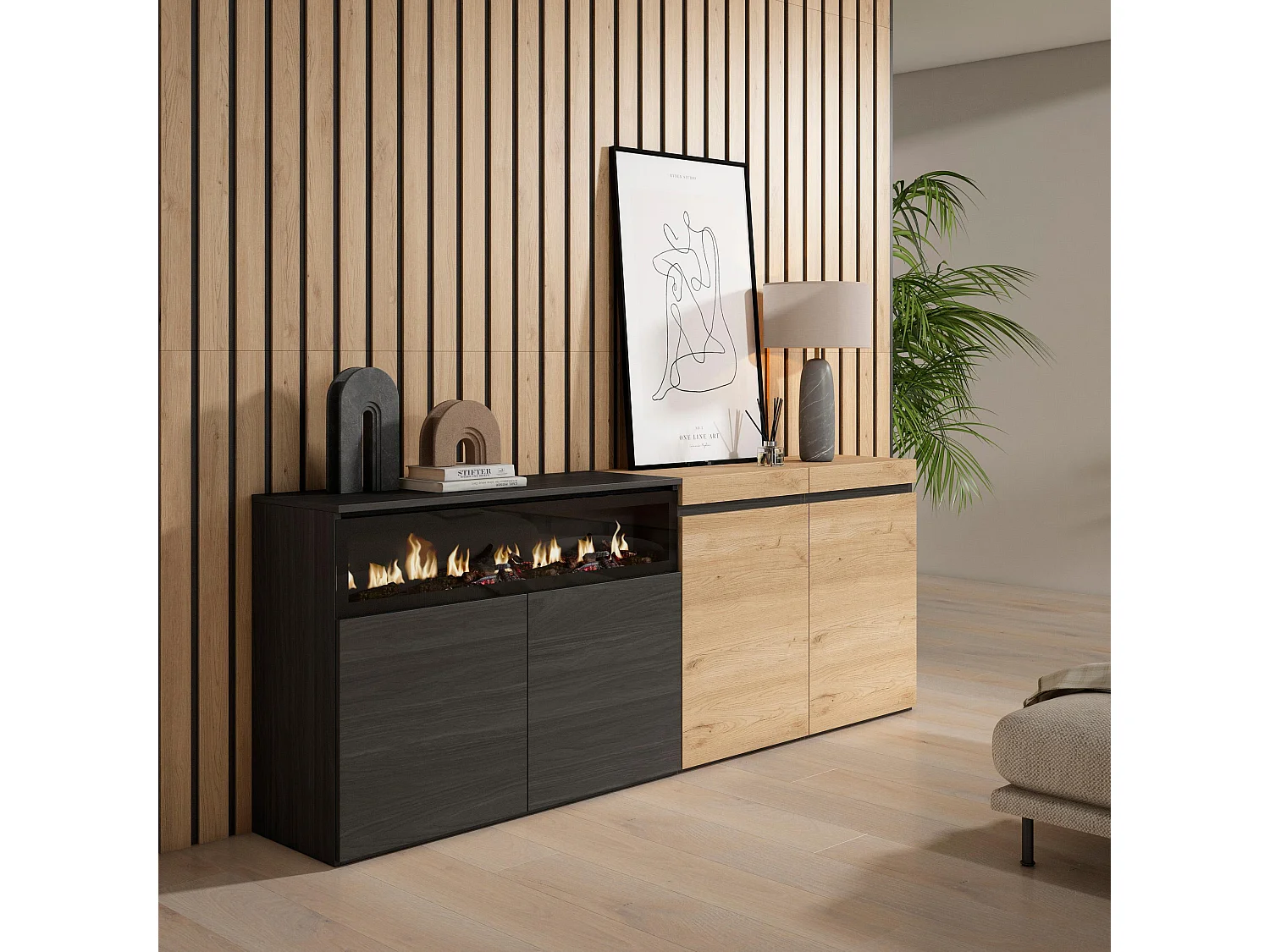 Buffet salon et cuisine, 200x35x75cm, 4 Portes, Cheminée électrique, Chêne et noir