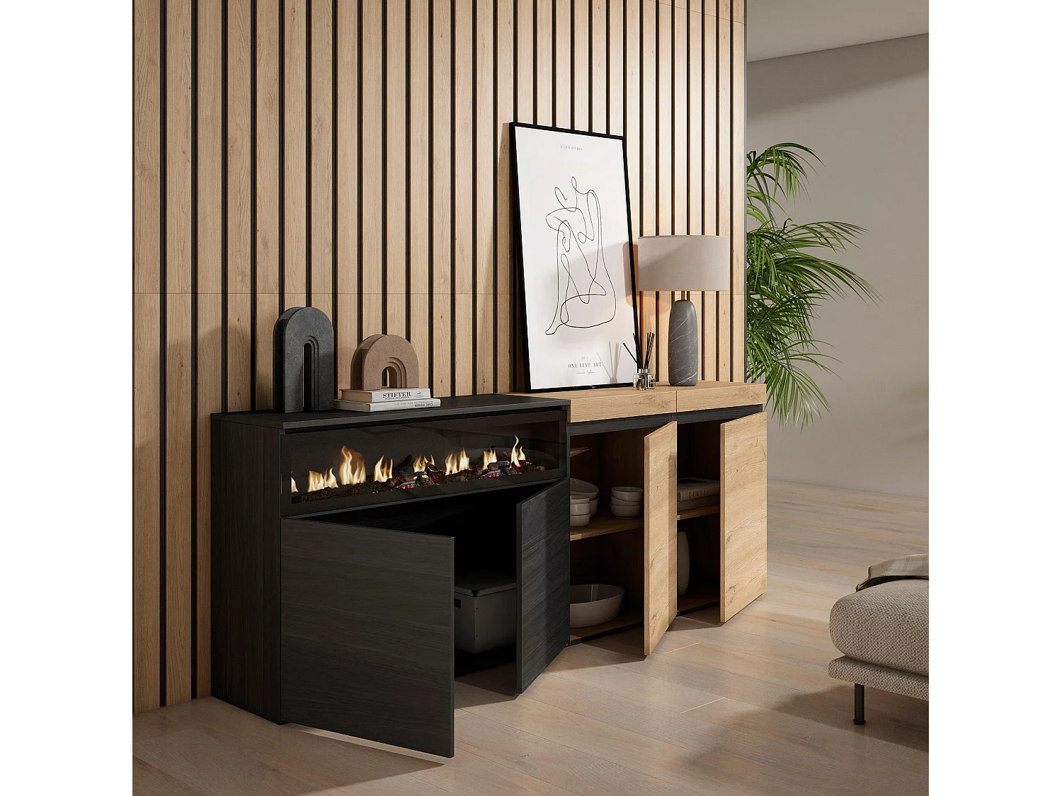 Buffet salon et cuisine, 200x35x75cm, 4 Portes, Cheminée électrique, Chêne et noir