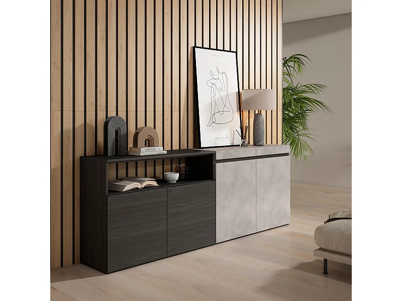 Buffet salon et cuisine, 200x75x35cm, 4 Portes, Meuble chaussure, Ciment