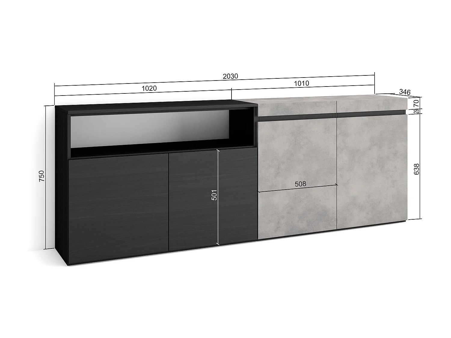 Buffet salon et cuisine, 200x75x35cm, 4 Portes, Meuble chaussure, Ciment