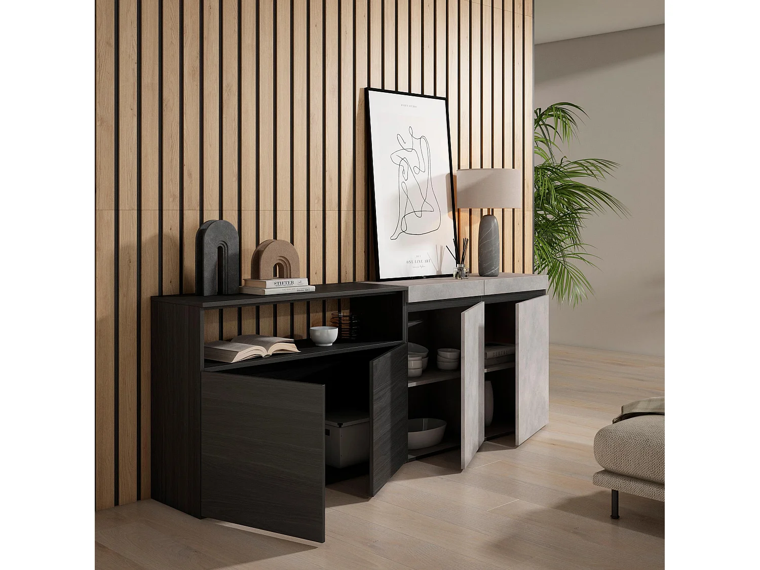 Buffet salon et cuisine, 200x35x75cm, 4 Portes, Meubles à chaussures, Ciment