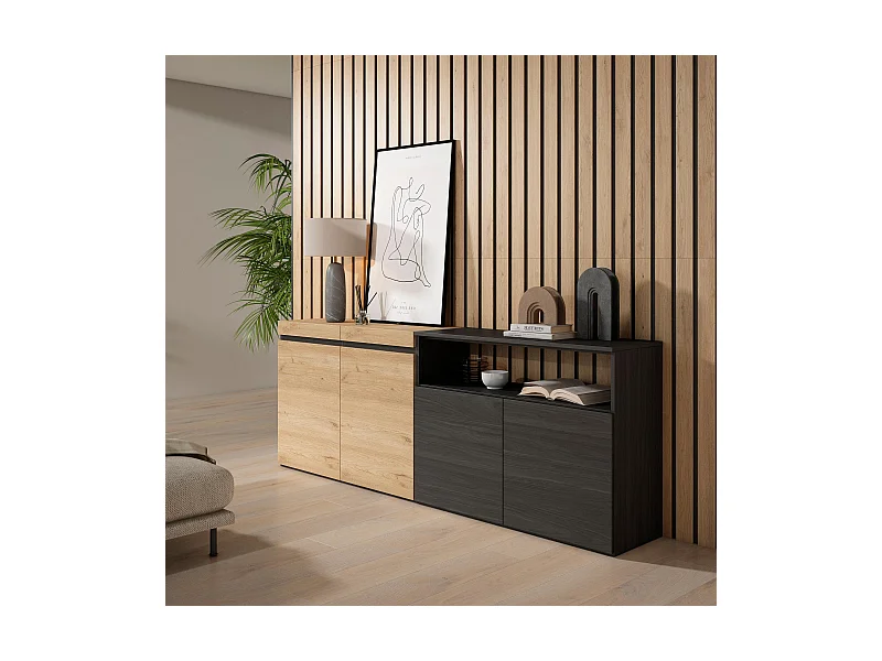 Sideboard, Highboard, 200x35x75cm, 4 Türen, Wohnzimmer, Küche, Eiche Schwarz