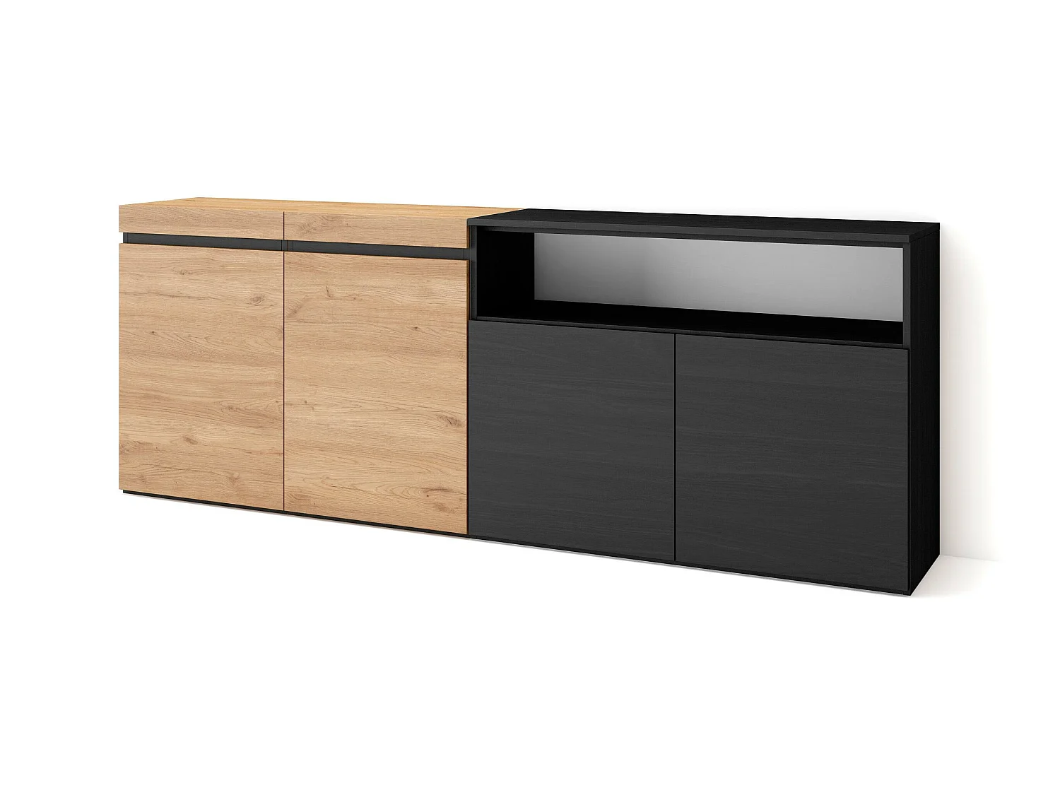 Buffet salon et cuisine, 200x75x35cm, 4 Portes, Meuble chaussure, Chêne et noir