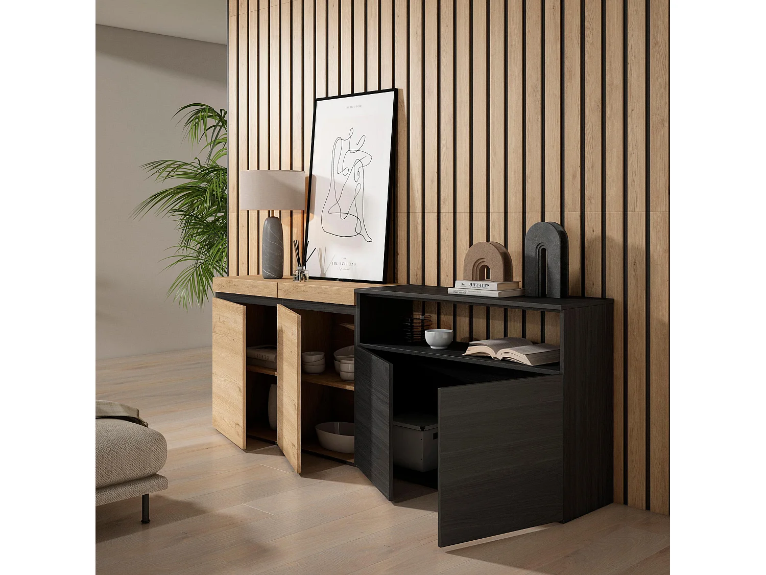 Dressoir, Opbergkast, 200x75x35cm, 4 Deuren, Woonkamer, hal, Eiken/Zwart