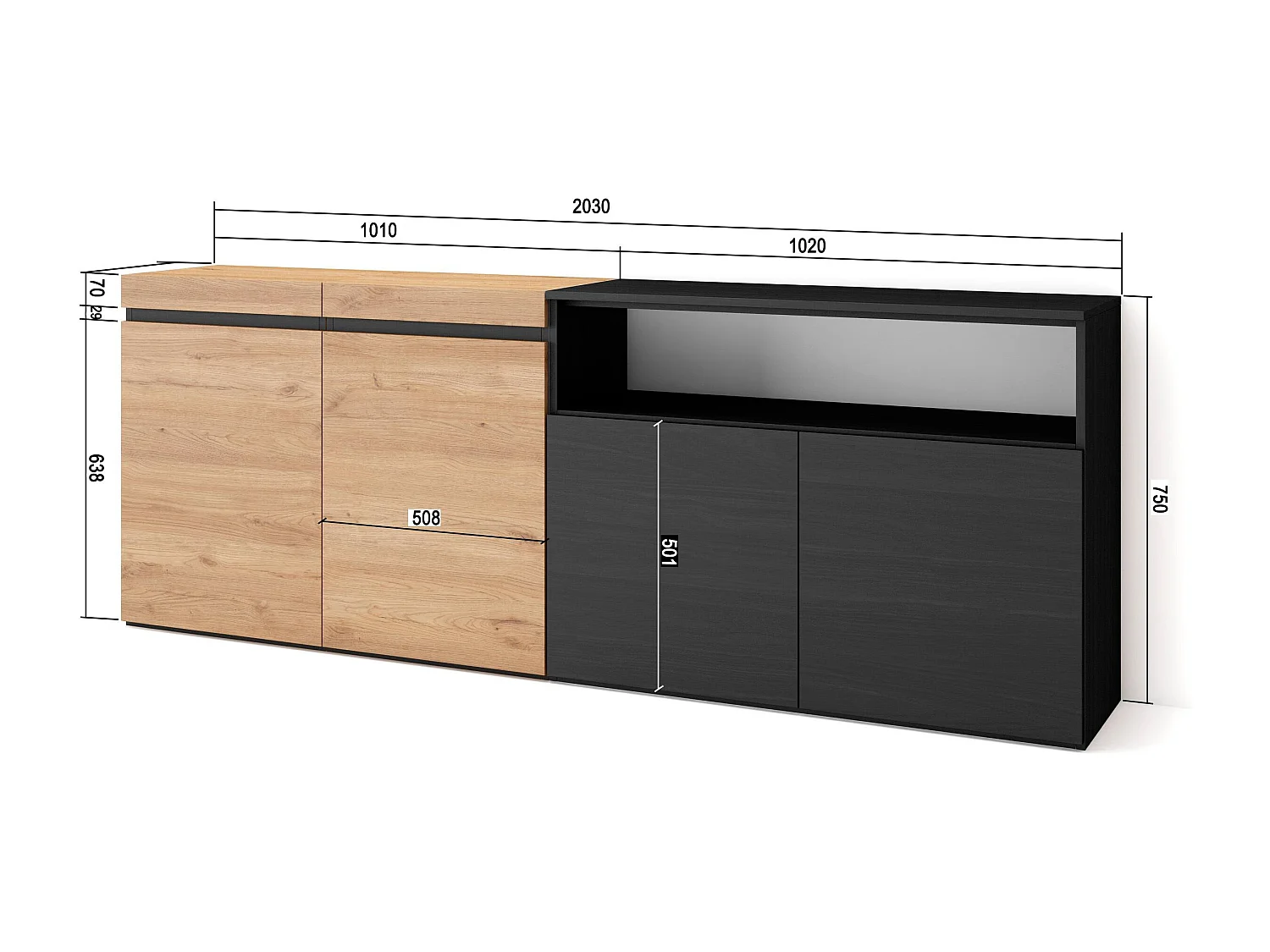 Dressoir, Opbergkast, 200x75x35cm, 4 Deuren, Woonkamer, hal, Eiken/Zwart