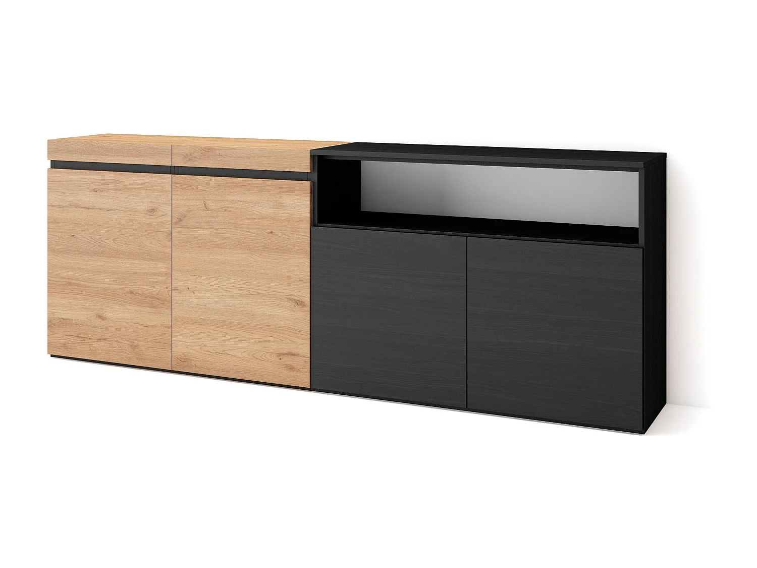 Sideboard, Highboard, 200x35x75cm, 4 Türen, Wohnzimmer, Küche, Eiche Schwarz