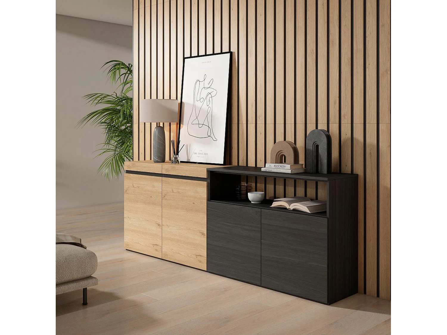 Sideboard, Highboard, 200x35x75cm, 4 Türen, Wohnzimmer, Küche, Eiche Schwarz