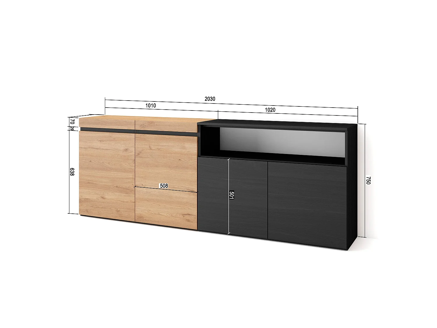 Sideboard, Highboard, 200x35x75cm, 4 Türen, Wohnzimmer, Küche, Eiche Schwarz