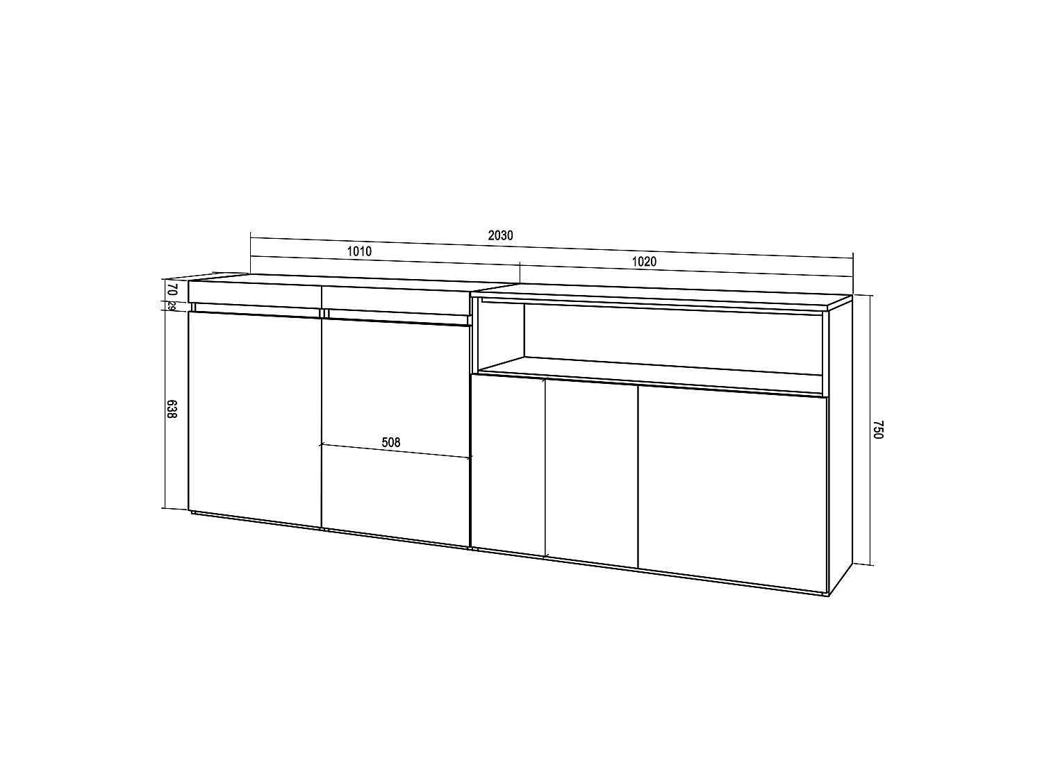 Sideboard, Highboard, 200x35x75cm, 4 Türen, Wohnzimmer, Küche, Eiche Schwarz