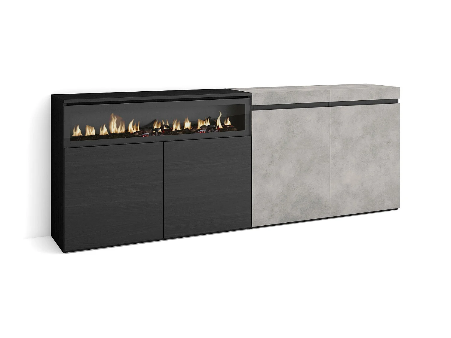 Buffet salon et cuisine, 200x75x35cm, 4 Portes, Cheminée électrique, Ciment