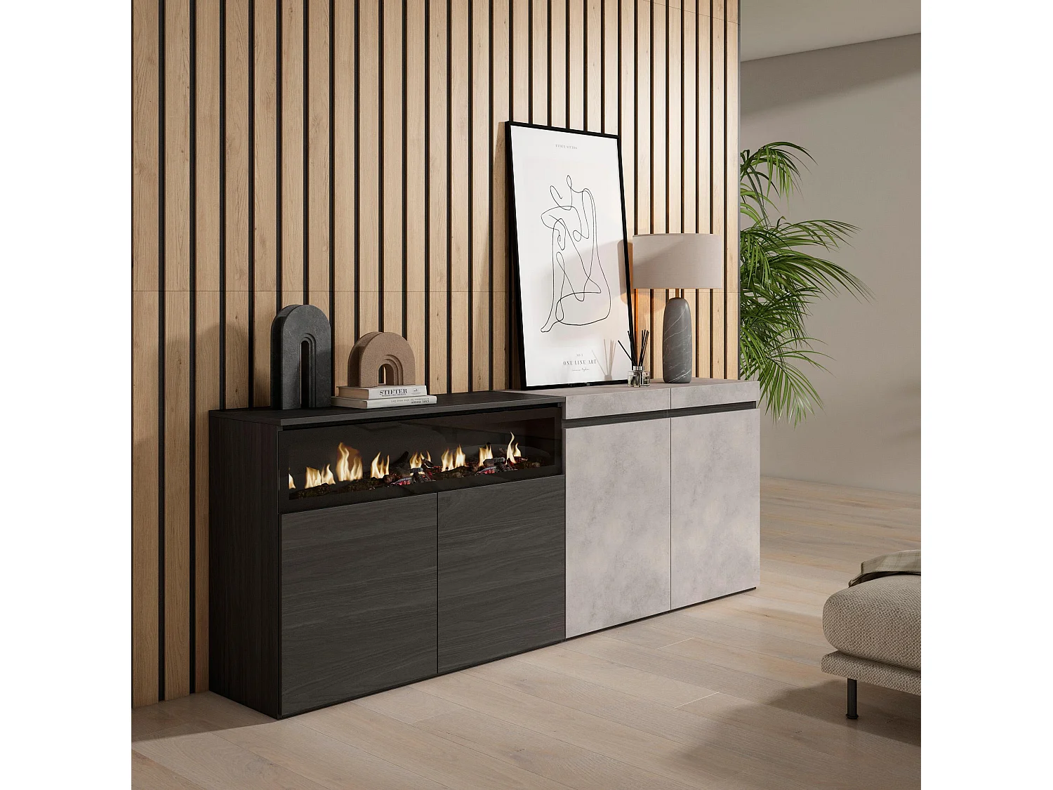 Buffet salon et cuisine, 200x75x35cm, 4 Portes, Cheminée électrique, Ciment