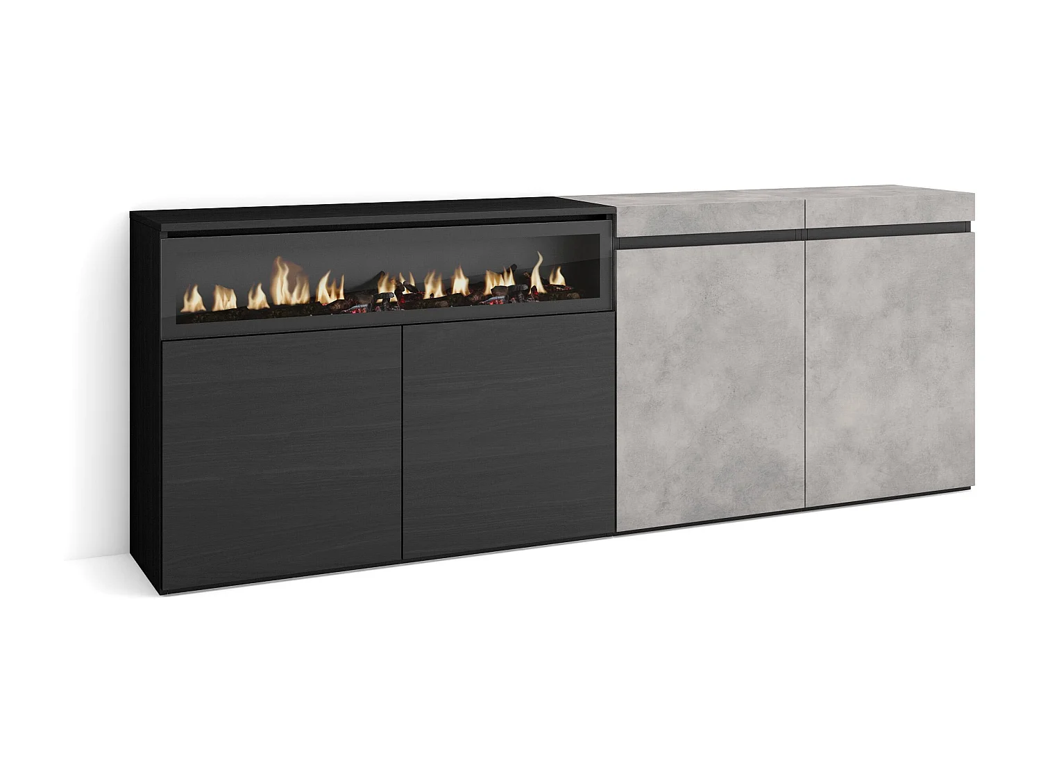 Buffet salon et cuisine, 200x75x35cm, 4 Portes, Cheminée électrique, Ciment