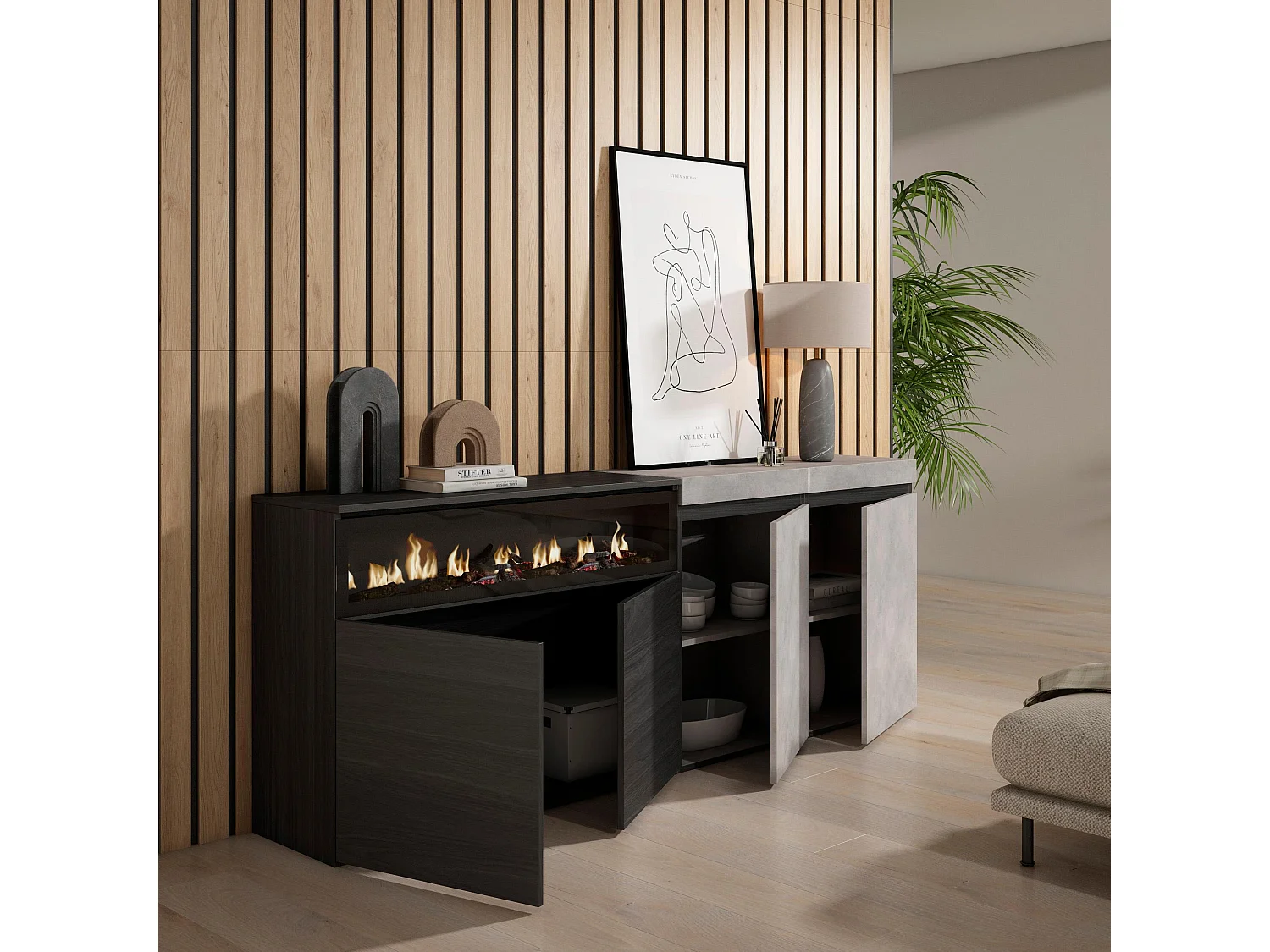 Buffet salon et cuisine, 200x75x35cm, 4 Portes, Cheminée électrique, Ciment