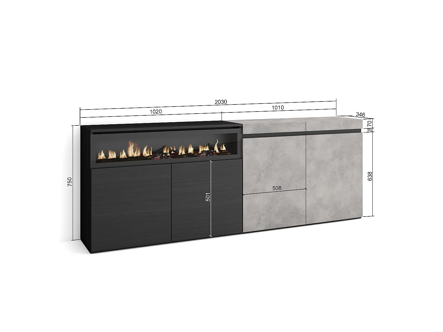 Buffet salon et cuisine, 200x35x75cm, 4 Portes, Cheminée électrique, Ciment