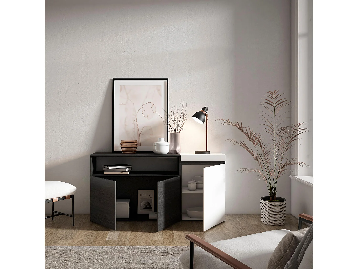 Aparador sala de jantar, 150x35x75cm, 3 Portas, Armário arrumação, Branco e preto