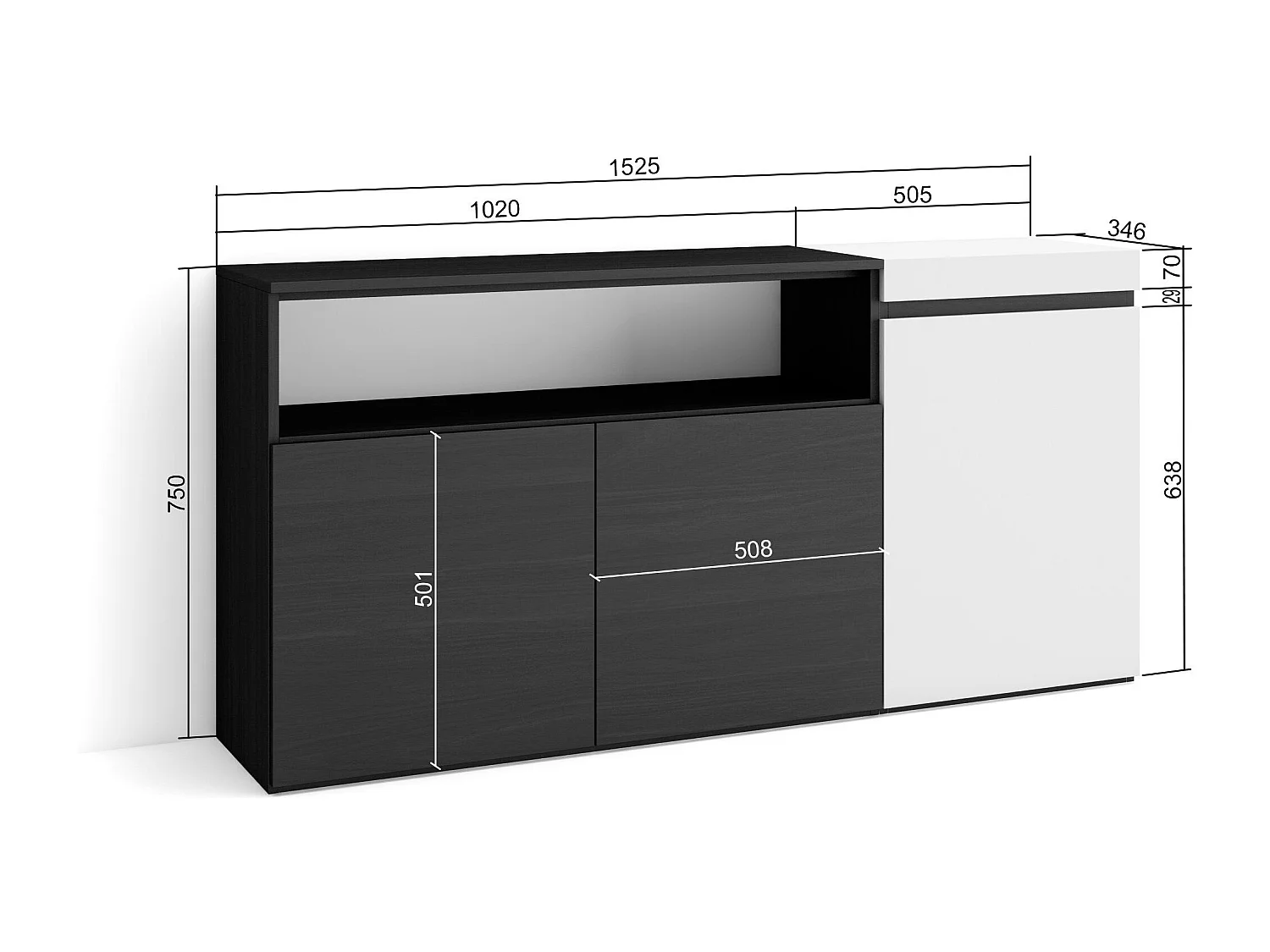 Dressoir, Opbergkast, 150x35x75cm, 3 Deuren, Woonkamer, hal, Wit en Zwart
