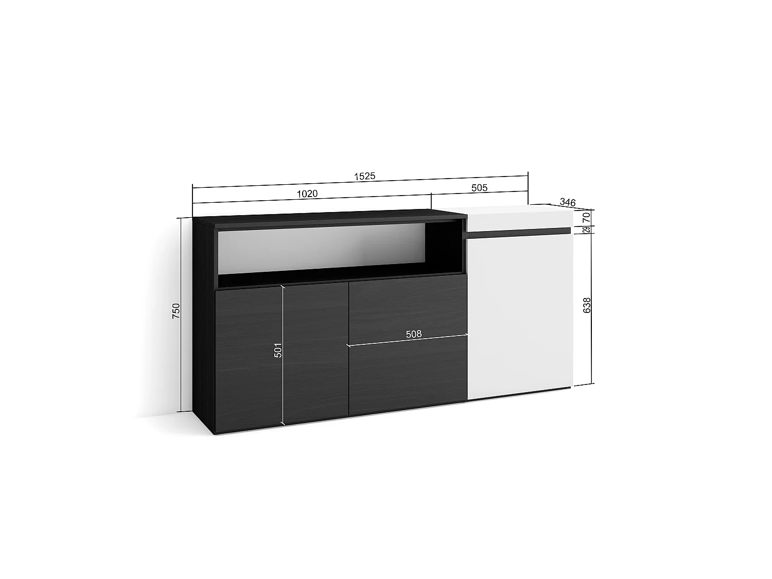 Buffet salon et cuisine, 150x35x75cm, 3 Portes, Meubles à chaussures, Blanc et noir