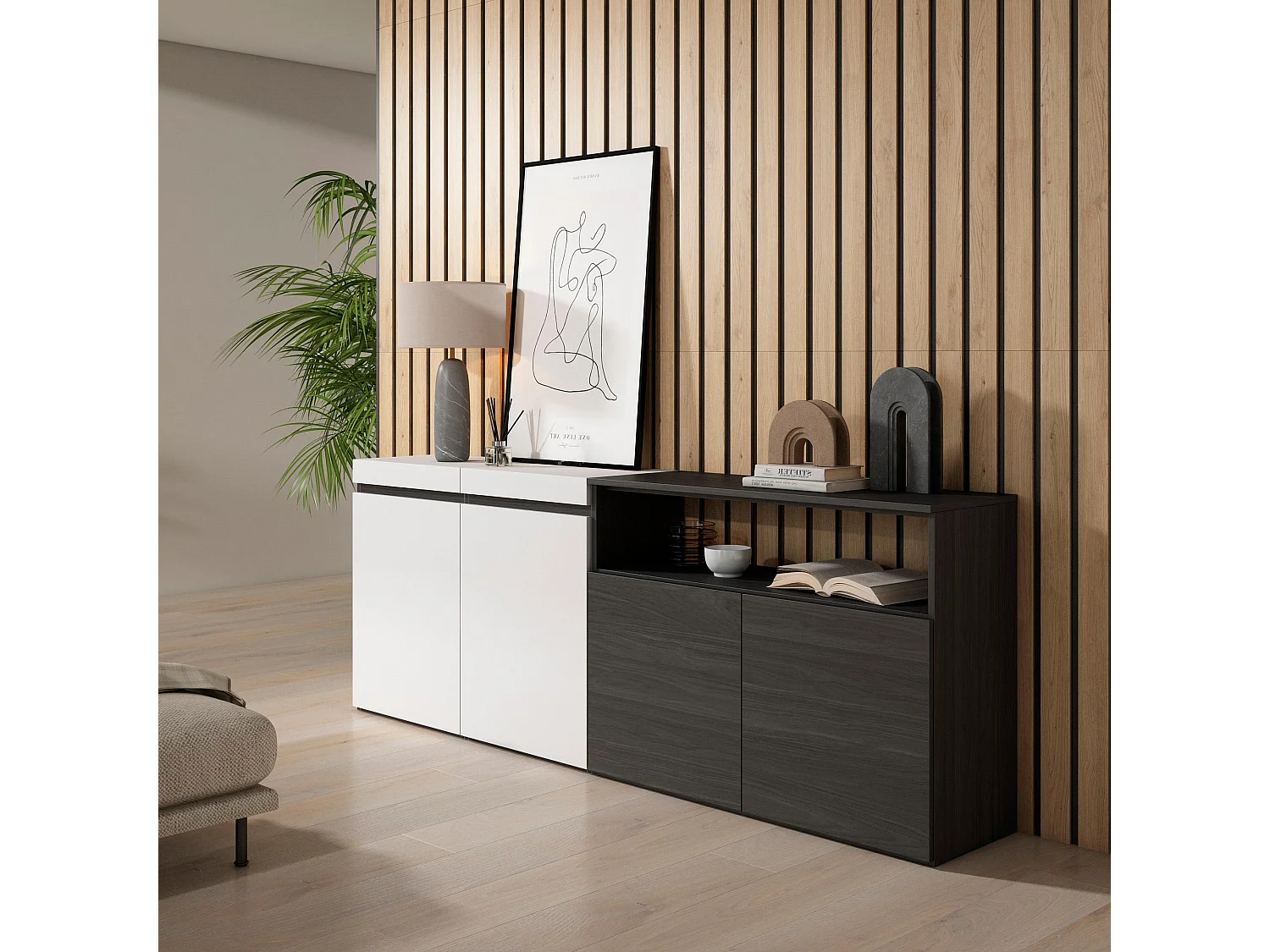 Sideboard, Highboard, 200x35x75cm, 4 Türen, Wohnzimmer, Küche, Weiß und Schwarz