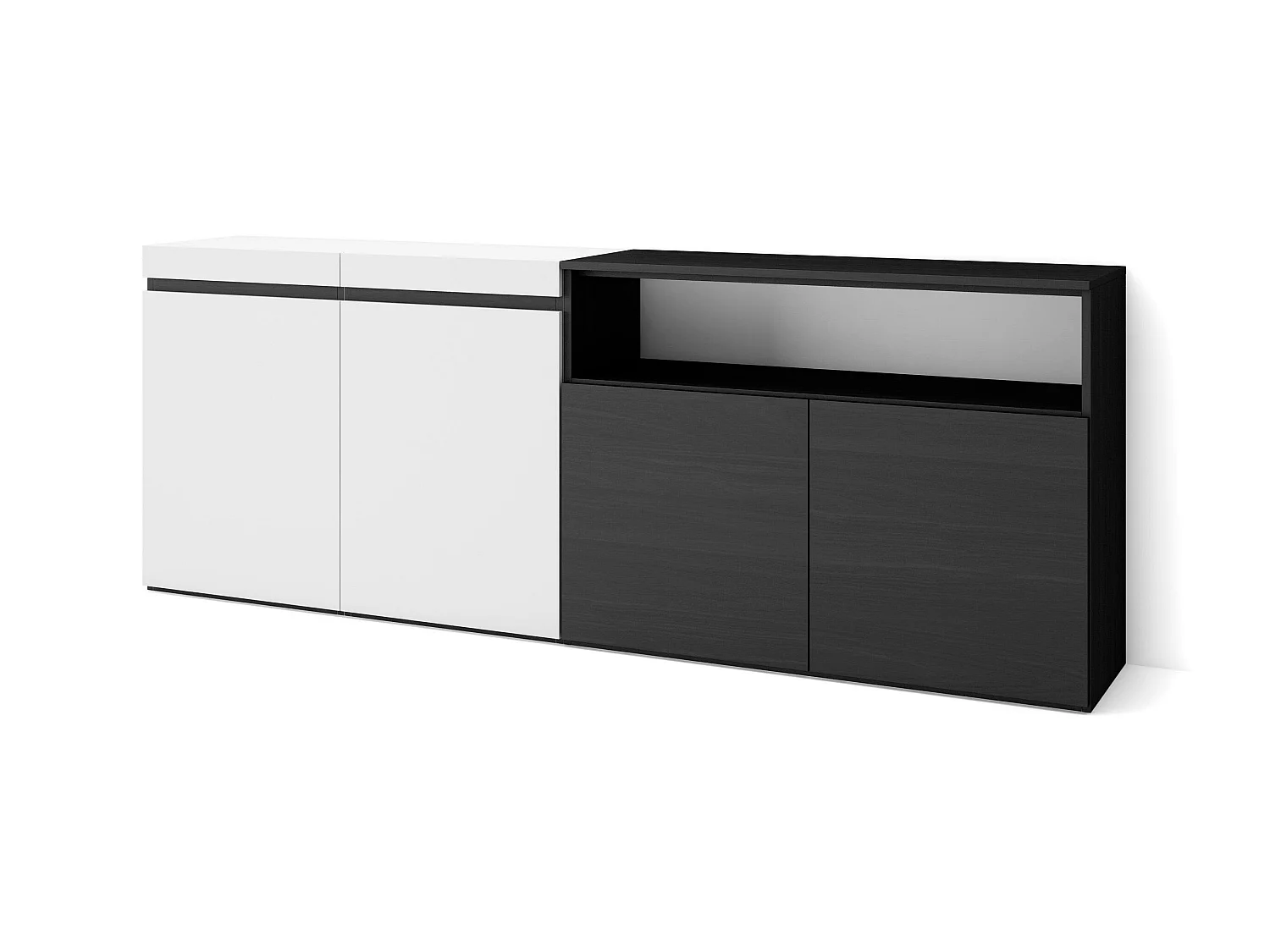 Dressoir, Opbergkast, 200x75x35cm, 4 Deuren, Woonkamer, hal, Wit en Zwart