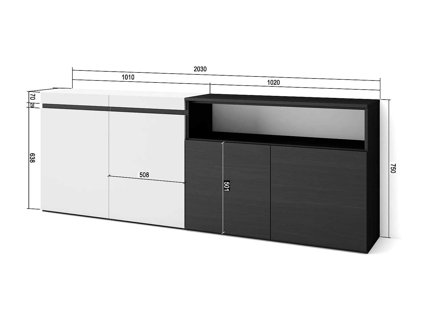 Dressoir, Opbergkast, 200x75x35cm, 4 Deuren, Woonkamer, hal, Wit en Zwart