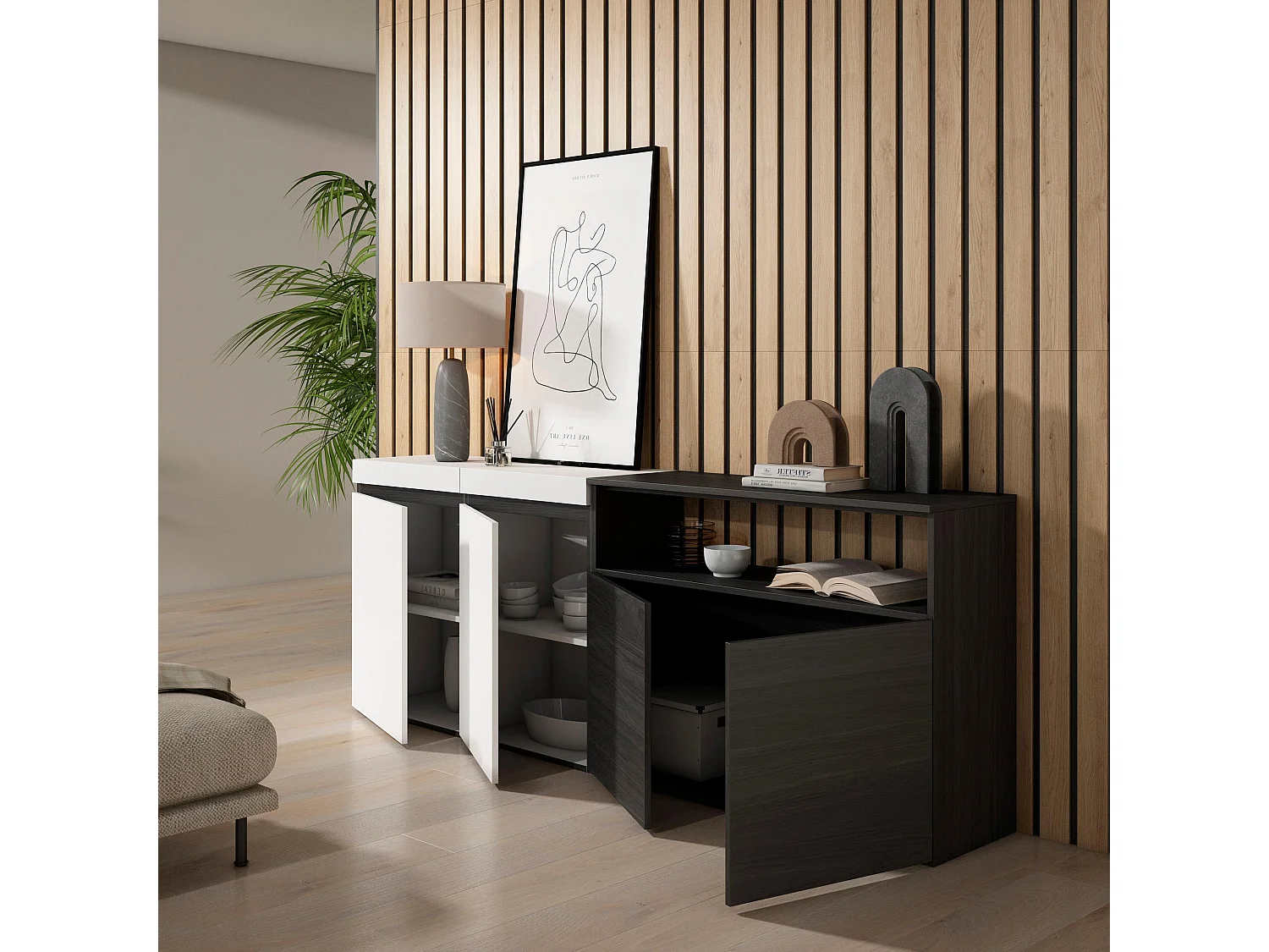 Buffet salon et cuisine, 200x35x75cm, 4 Portes, Meubles à chaussures, Blanc et noir