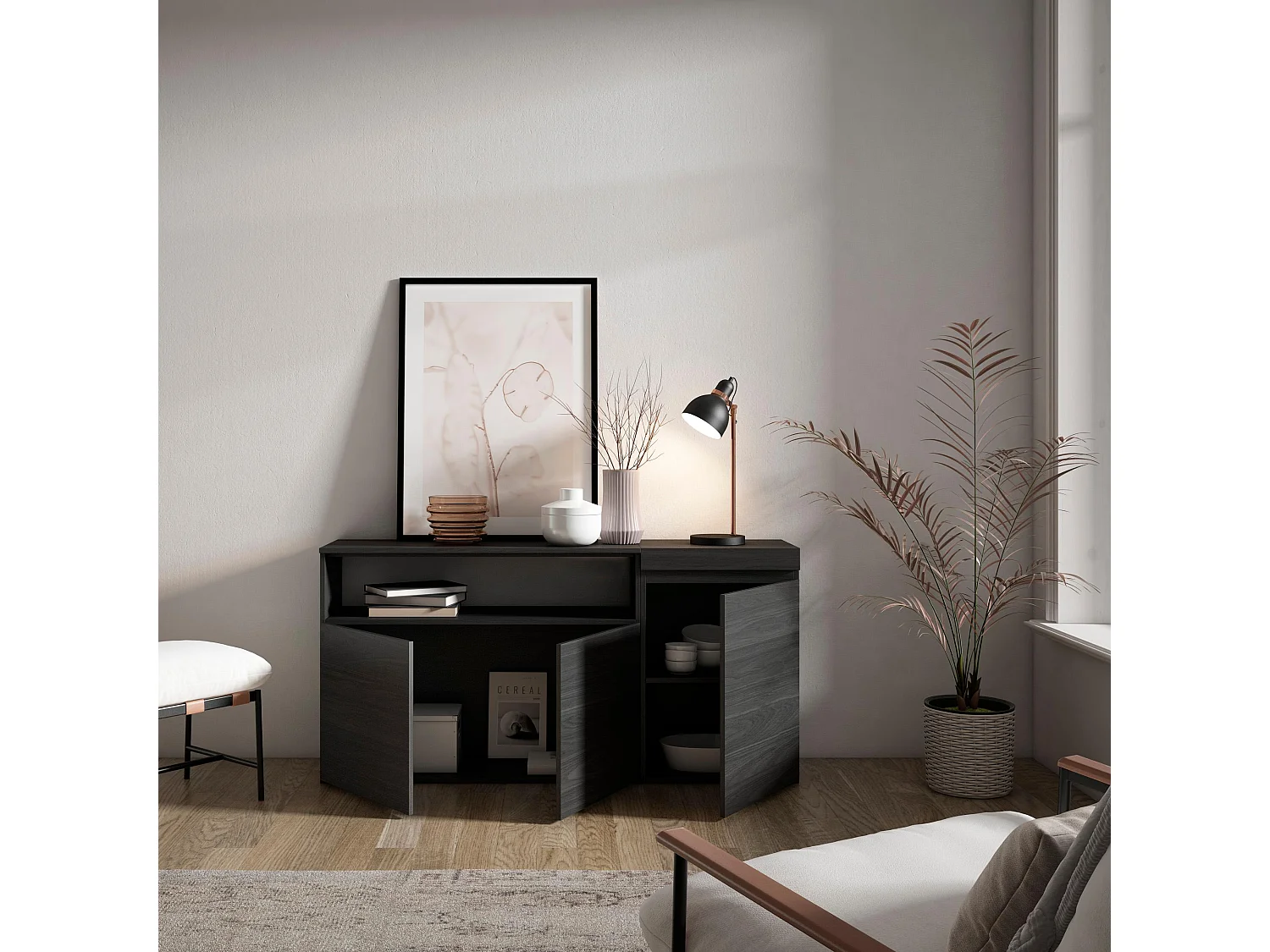 Buffet salon et cuisine, 150x35x75cm, 3 Portes, Meuble chaussure, Noir