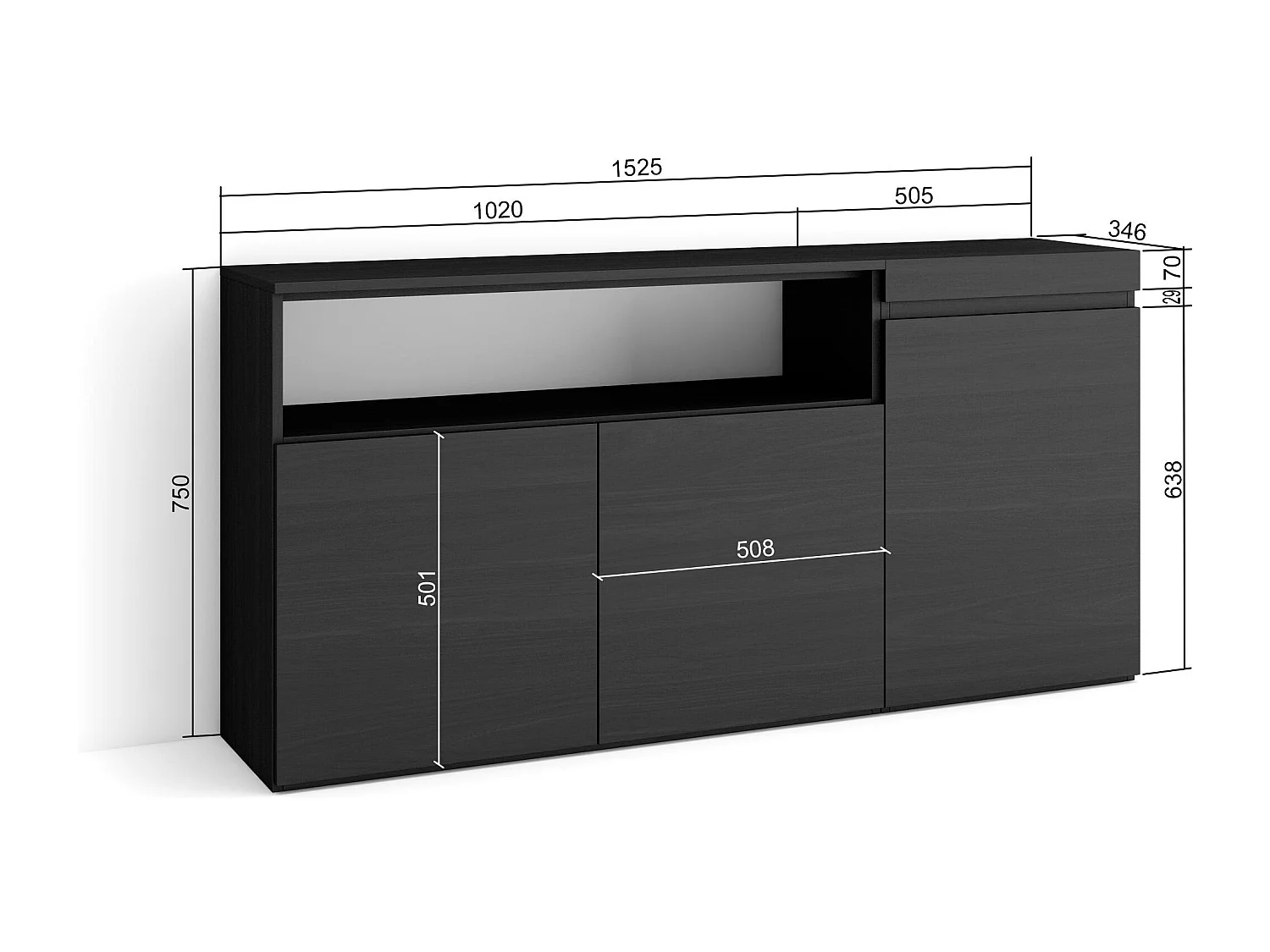 Buffet salon et cuisine, 150x35x75cm, 3 Portes, Meuble chaussure, Noir