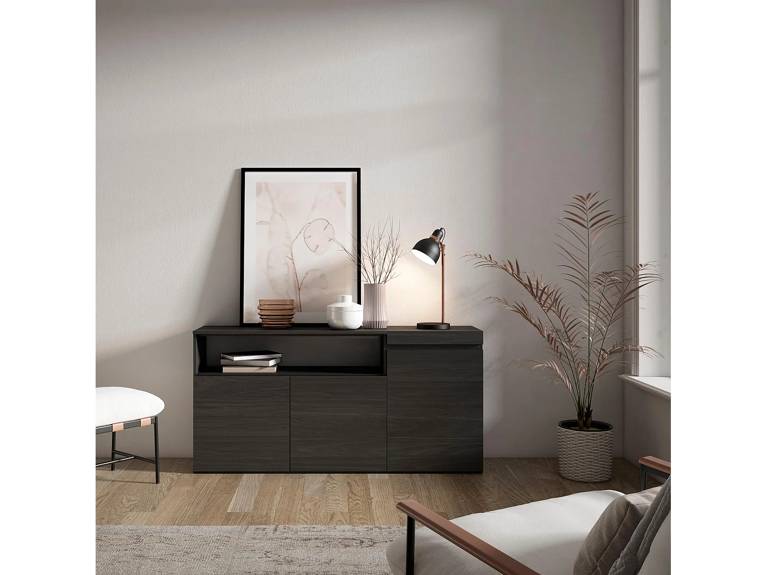 Dressoir, Opbergkast, 150x35x75cm, 3 Deuren, Woonkamer, hal, Zwart