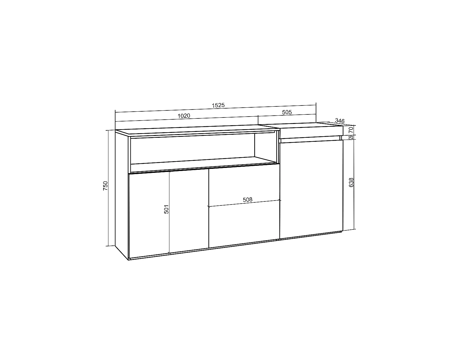 Dressoir, Opbergkast, 150x35x75cm, 3 Deuren, Woonkamer, hal, Zwart