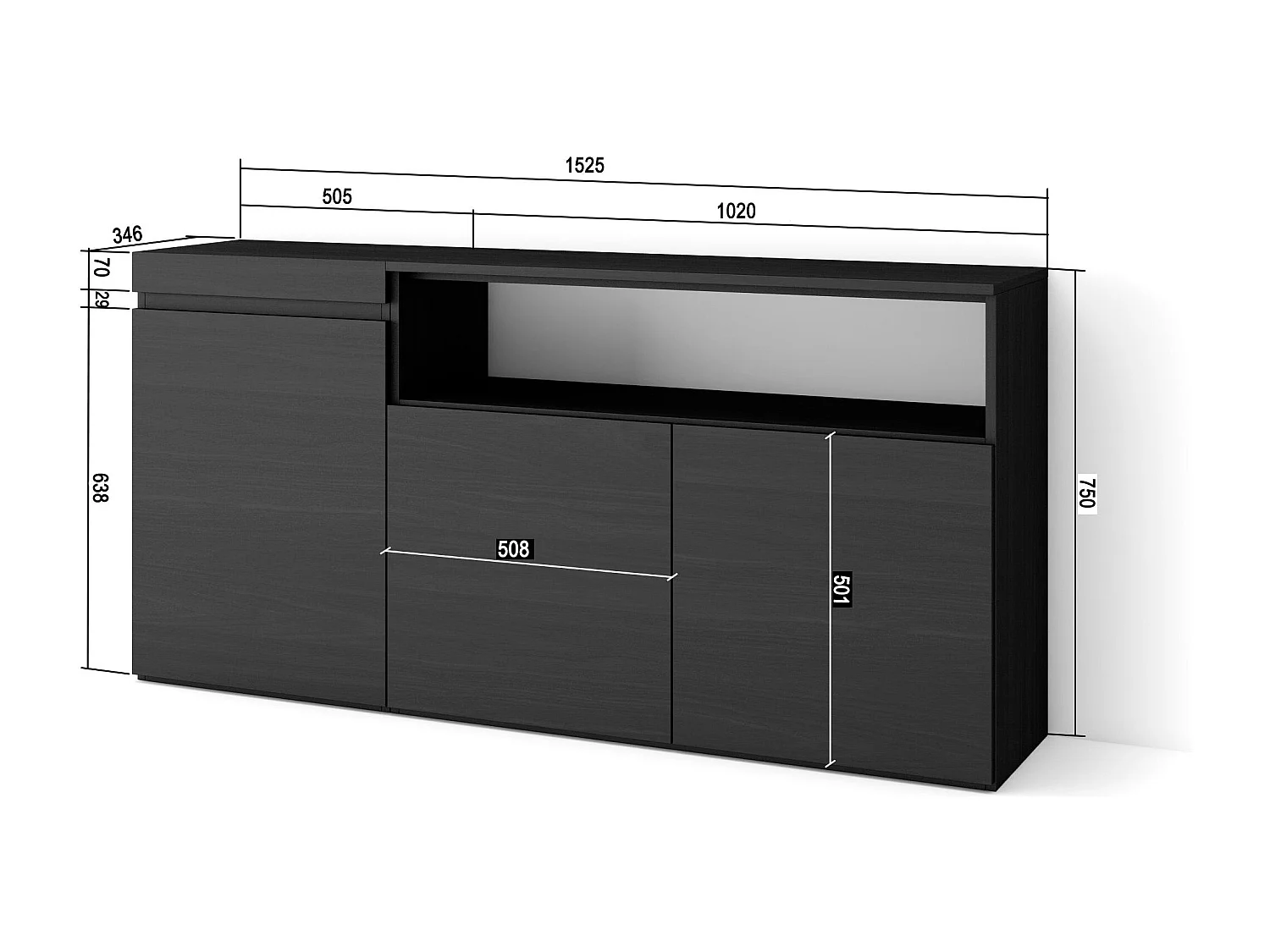 Aparador sala de jantar, 150x35x75cm, 3 Portas, Armário arrumação, Preto