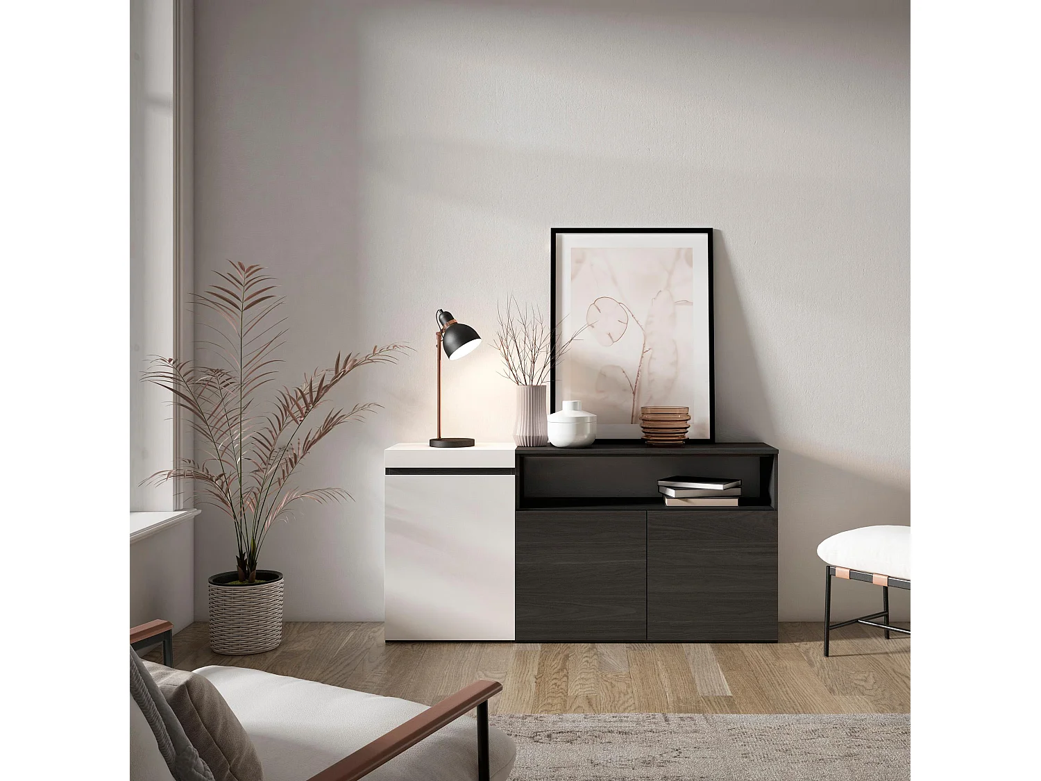 Dressoir, Opbergkast, 150x35x75cm, 3 Deuren, Woonkamer, hal, Wit en Zwart