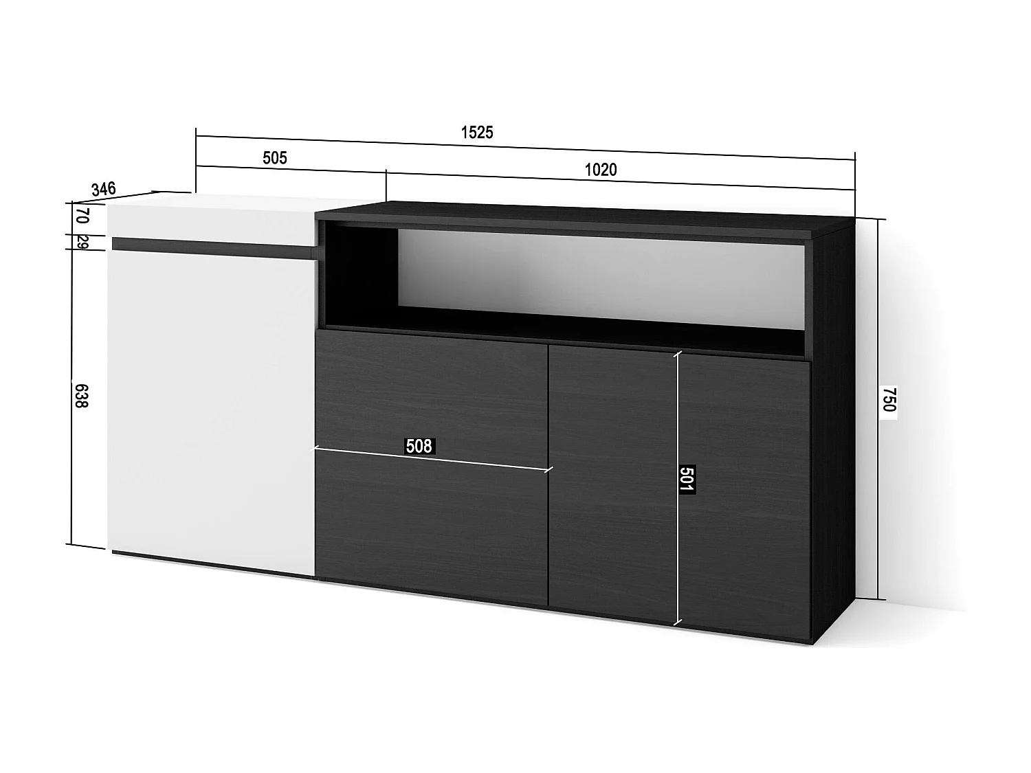 Dressoir, Opbergkast, 150x35x75cm, 3 Deuren, Woonkamer, hal, Wit en Zwart