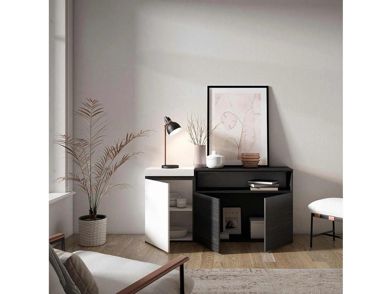 Buffet salon et cuisine, 150x35x75cm, 3 Portes, Meubles à chaussures, Blanc et noir