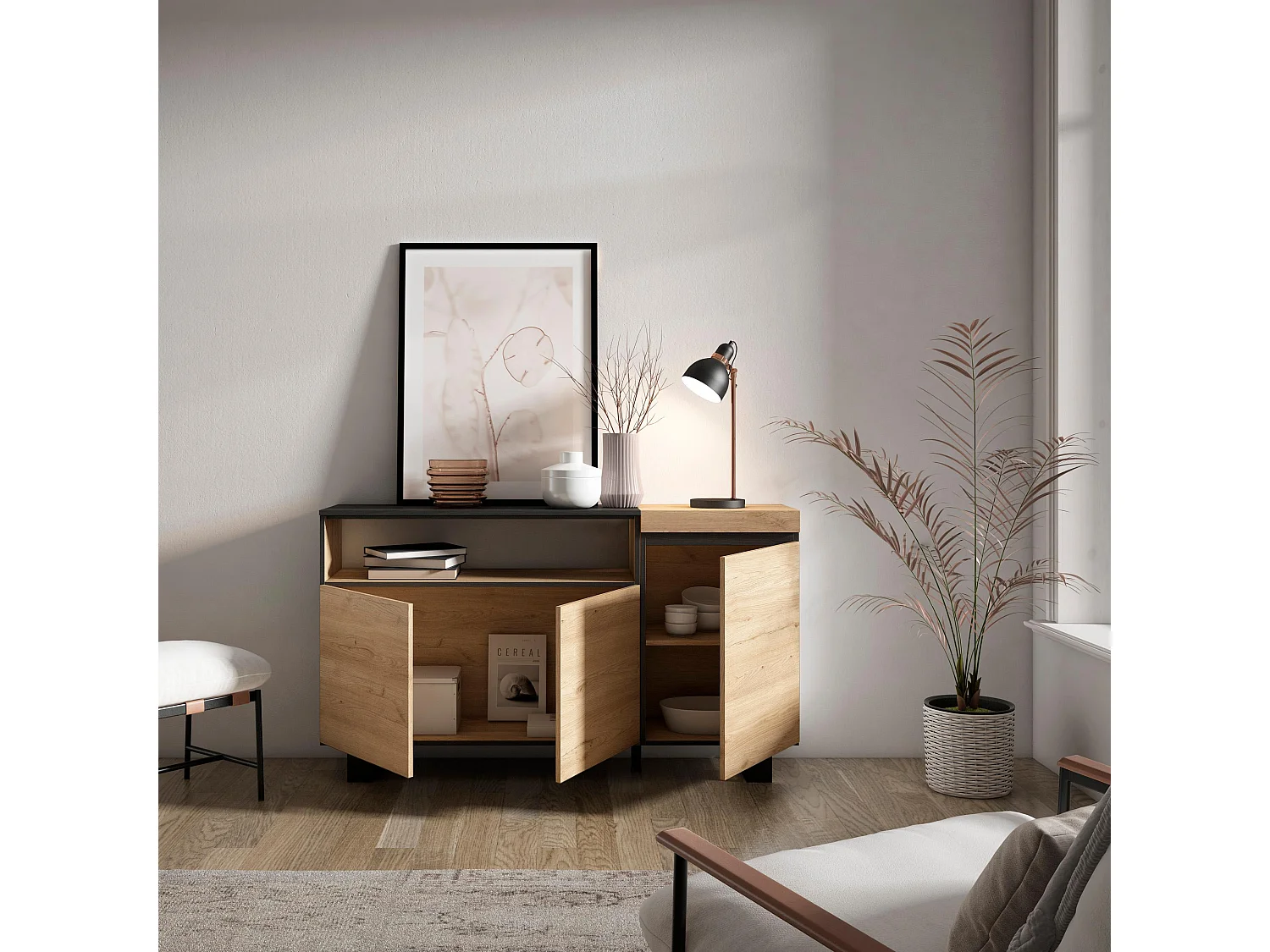 Credenza, Mobile, Cucina, 150x35x87cm, 3 Porte, Design industriale, Rovere e nero