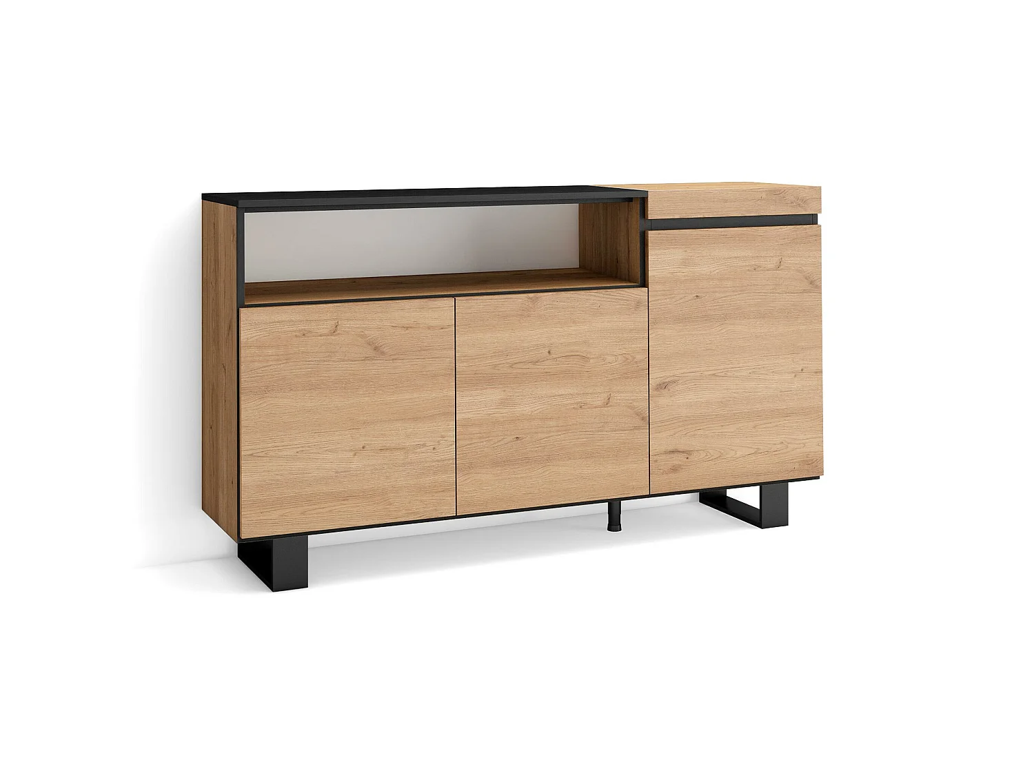 Buffet salon et cuisine, 150x35x87cm, 3 Portes, Design industriel, Chêne et noir