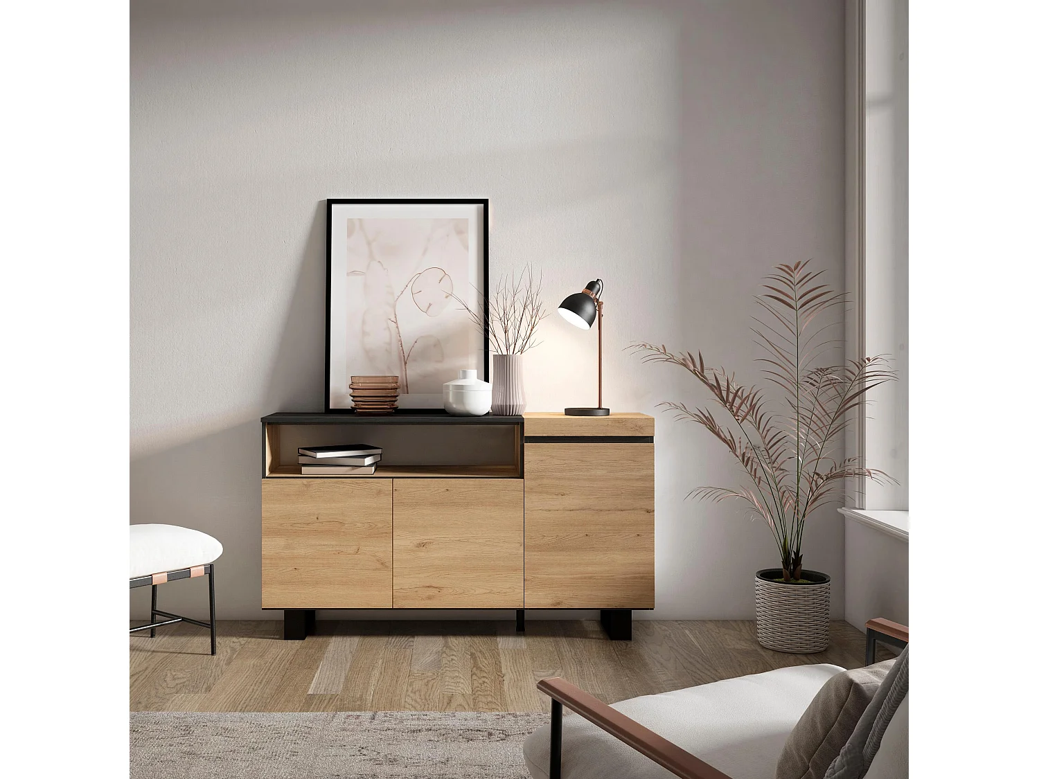 Buffet salon et cuisine, 150x35x87cm, 3 Portes, Design industriel, Chêne et noir