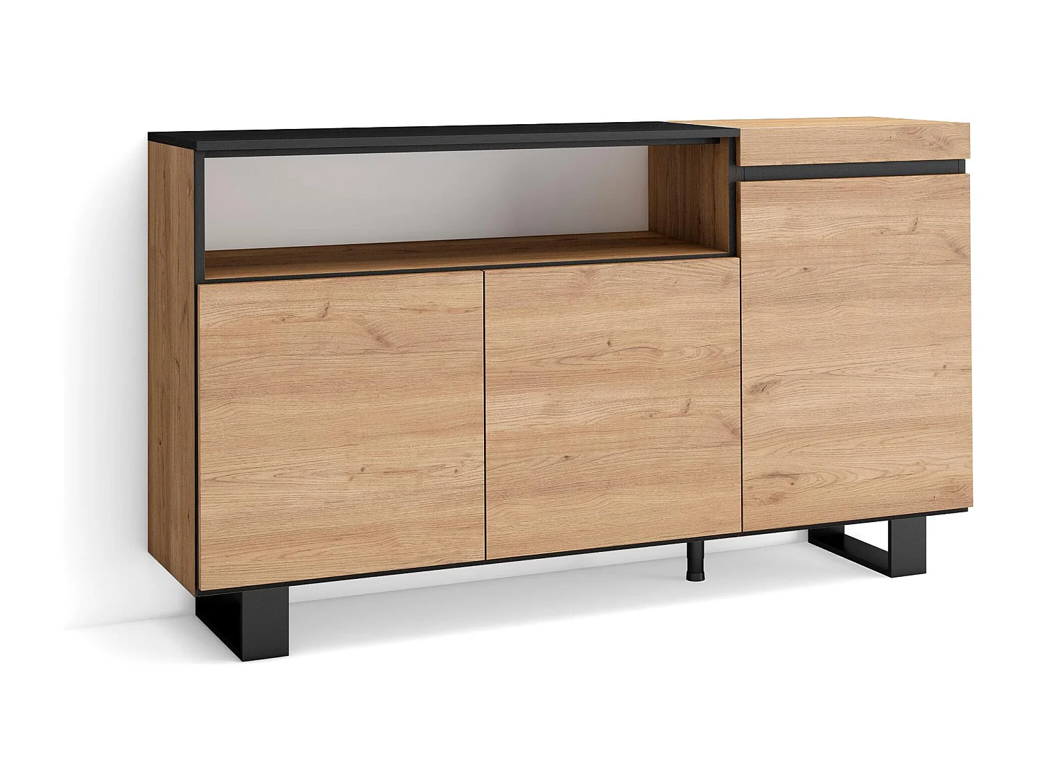 Buffet salon et cuisine, 150x35x87cm, 3 Portes, Design industriel, Chêne et noir