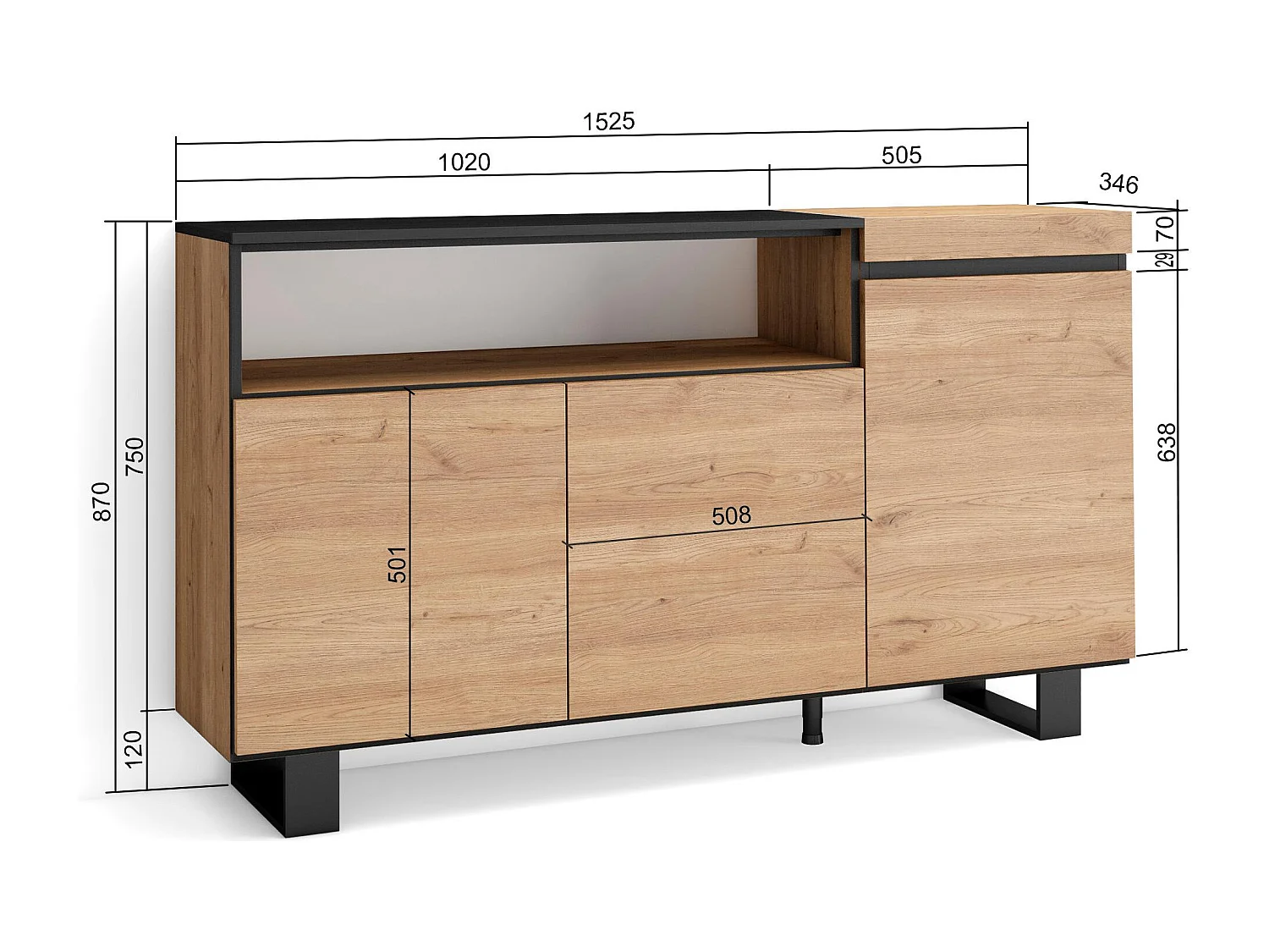 Buffet salon et cuisine, 150x35x87cm, 3 Portes, Design industriel, Chêne et noir