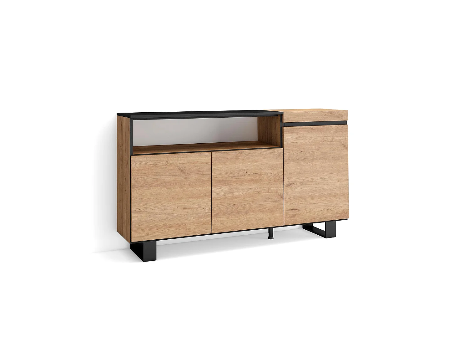 Buffet salon et cuisine, 150x35x87cm, 3 Portes, Design industriel, Chêne et noir