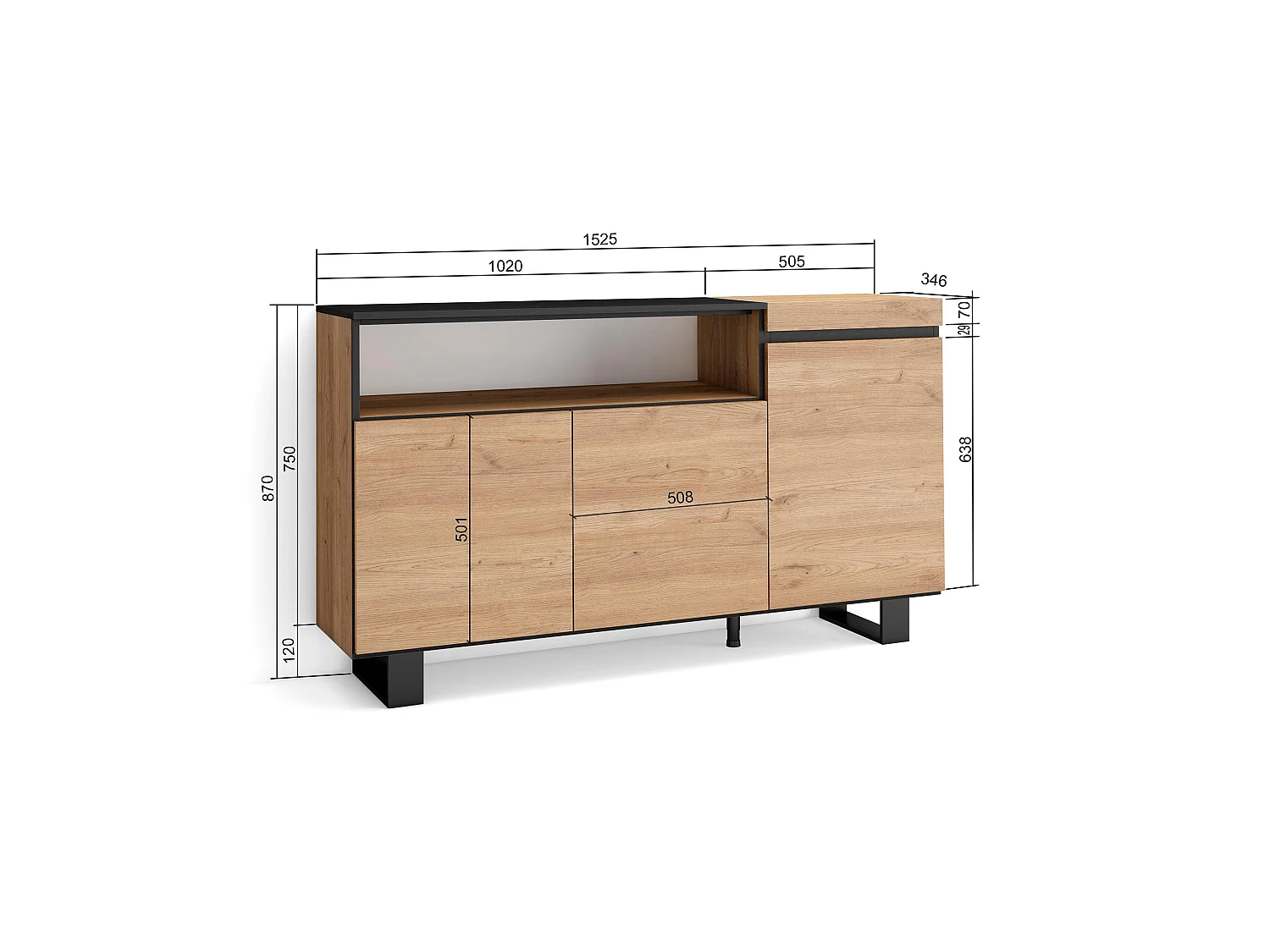 Buffet salon et cuisine, 150x35x87cm, 3 Portes, Design industriel, Chêne et noir