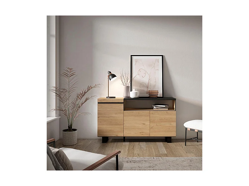 Sideboard, Highboard, 150x35x87cm, 3 Türen, Industriedesign, Eiche Schwarz