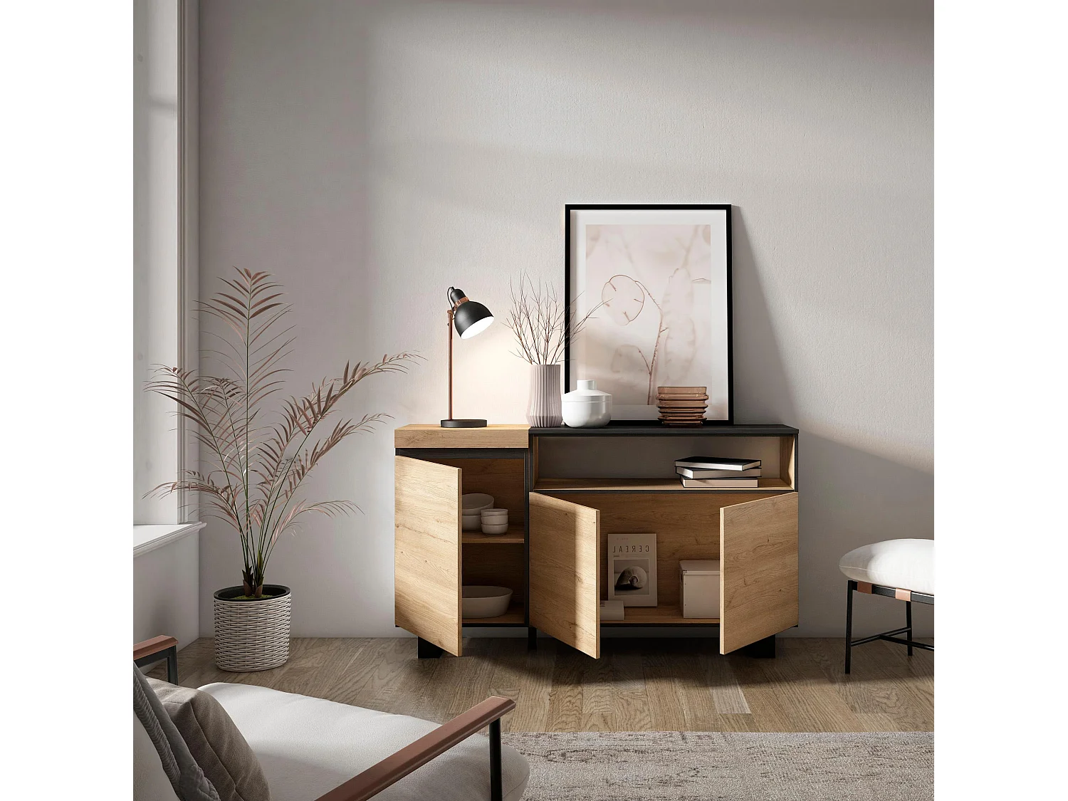 Credenza, Mobile, Cucina, 150x35x87cm, 3 Porte, Design industriale, Rovere e nero