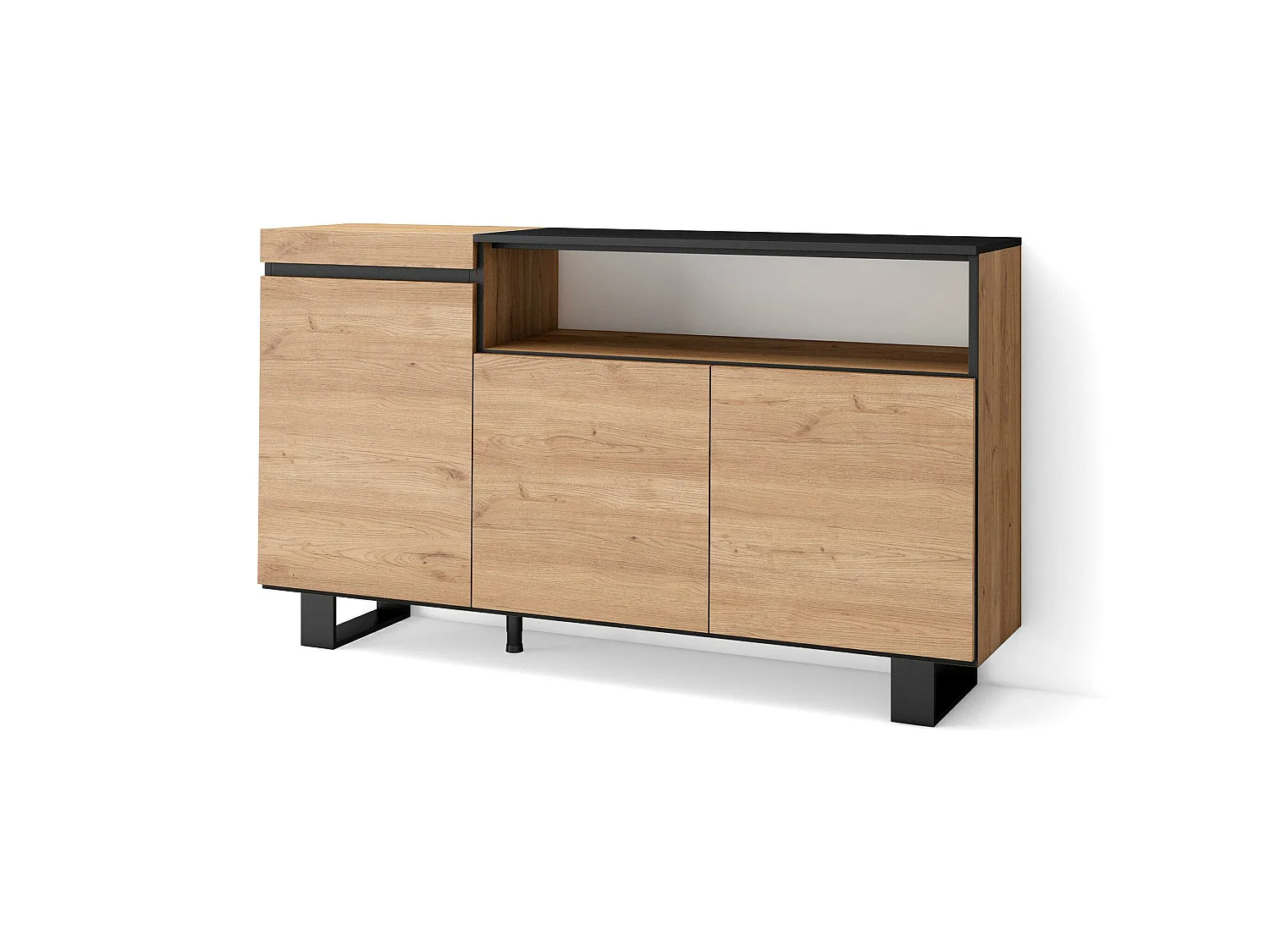 Buffet salon et cuisine, 150x35x87cm, 3 Portes, Design industriel, Chêne et noir