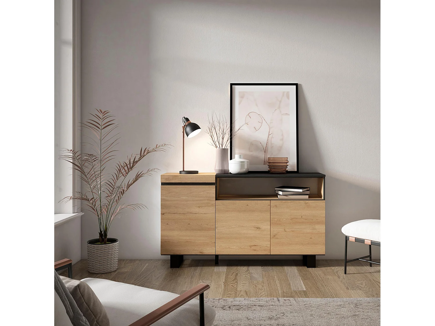 Buffet salon et cuisine, 150x35x87cm, 3 Portes, Design industriel, Chêne et noir