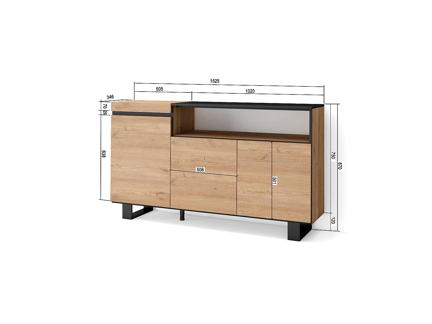 Buffet salon et cuisine, 150x35x87cm, 3 Portes, Design industriel, Chêne et noir